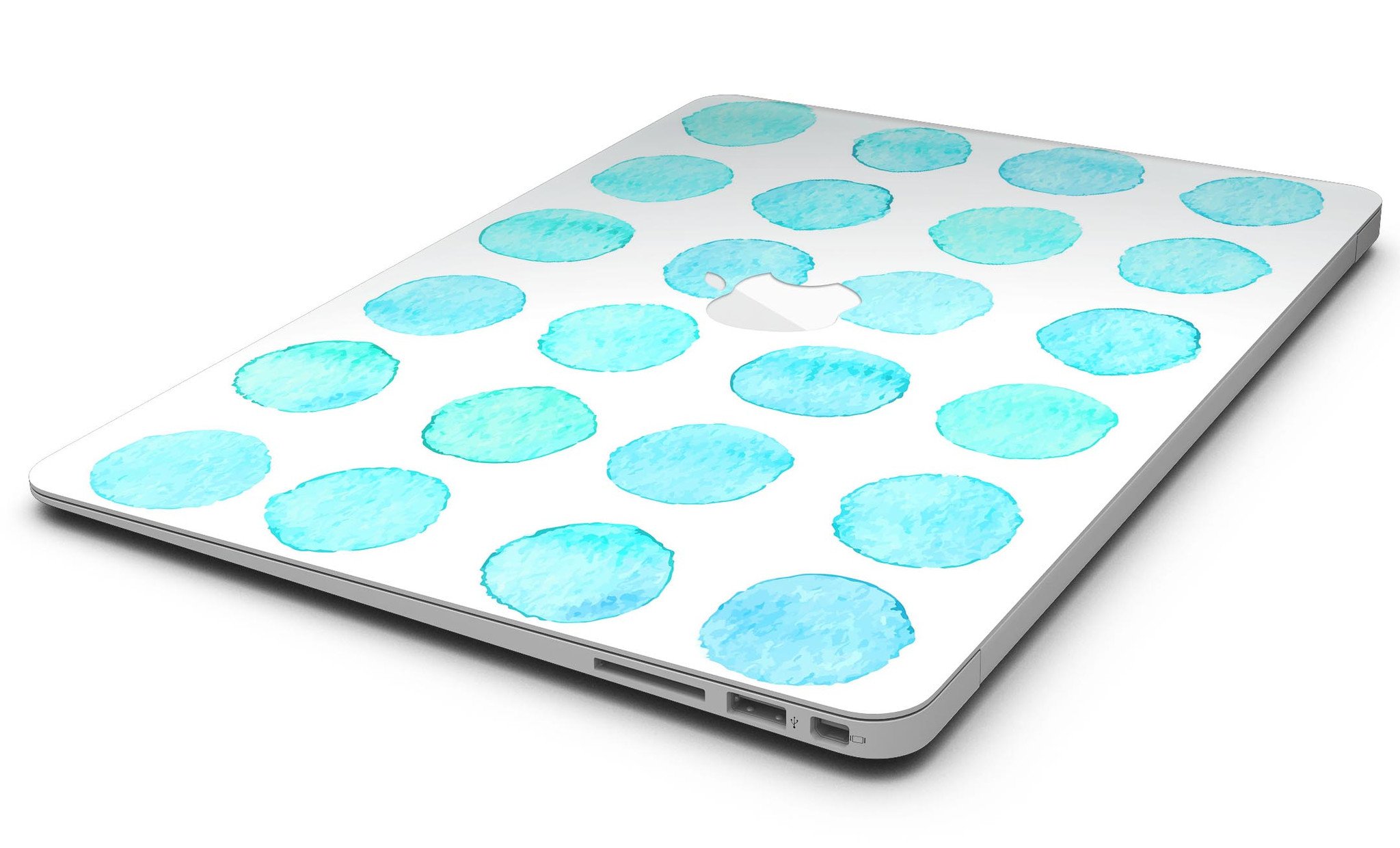 Blue Watercolor Polka Dots MacBook Air Skin Kit showcasing vibrant polka dot design on a sleek laptop surface.