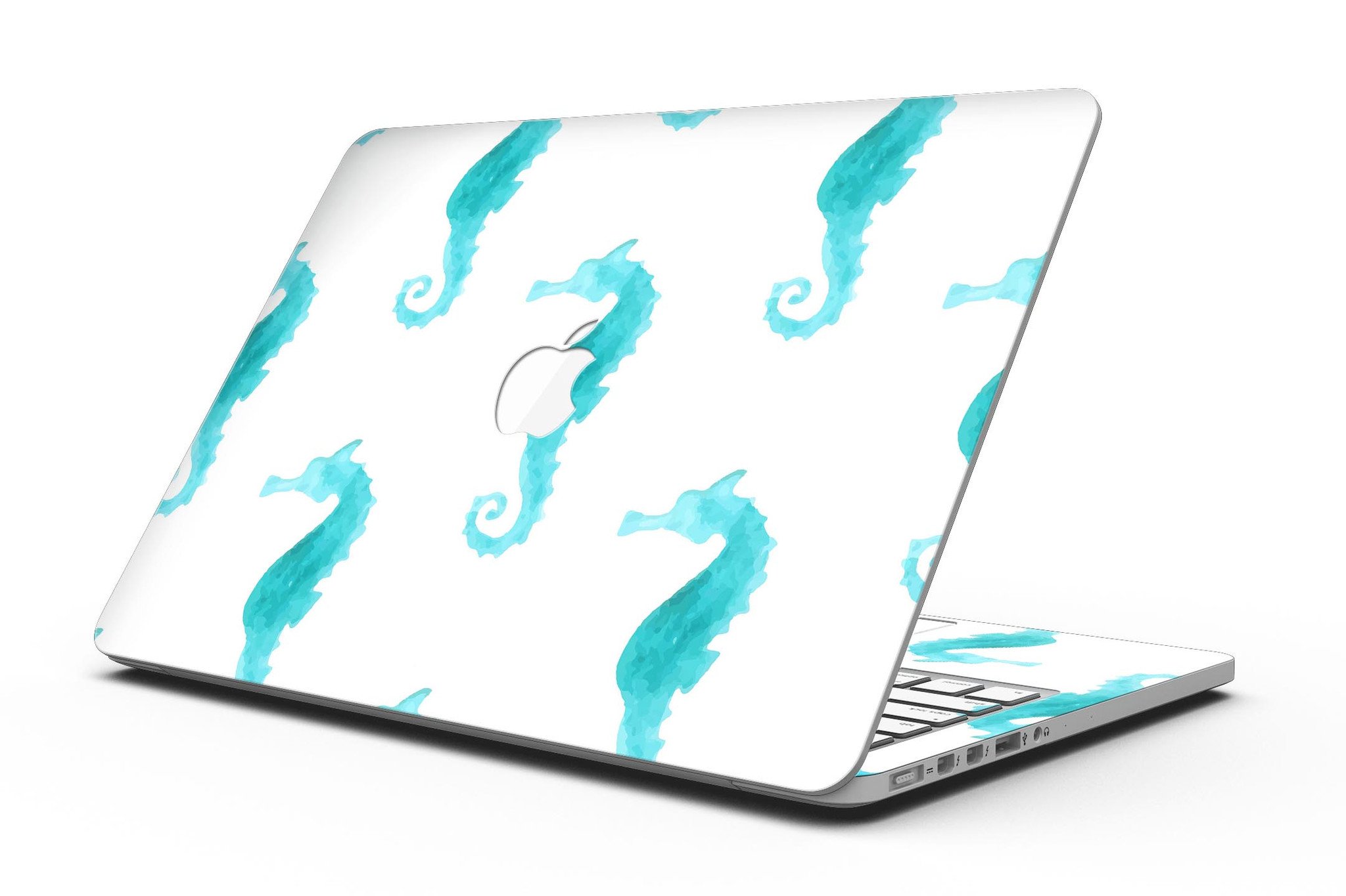 Blue Watercolor Seahorses skin for MacBook Pro with Retina Display, showcasing vibrant colors and intricate seahorse designs.