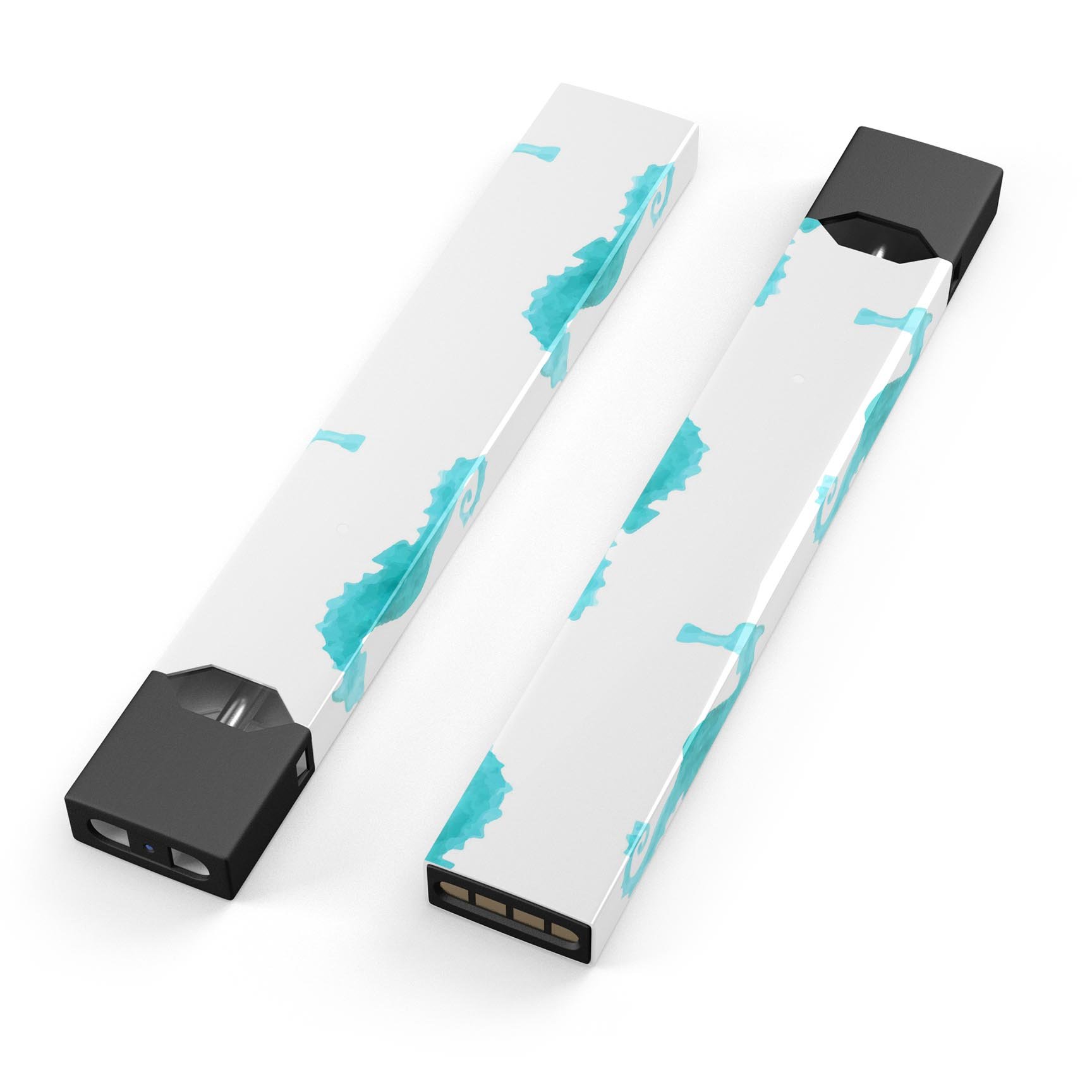 Blue Watercolor Seahorses skin-wrap sticker designed for JUUL vaping device, featuring vibrant colors and intricate seahorse patterns.