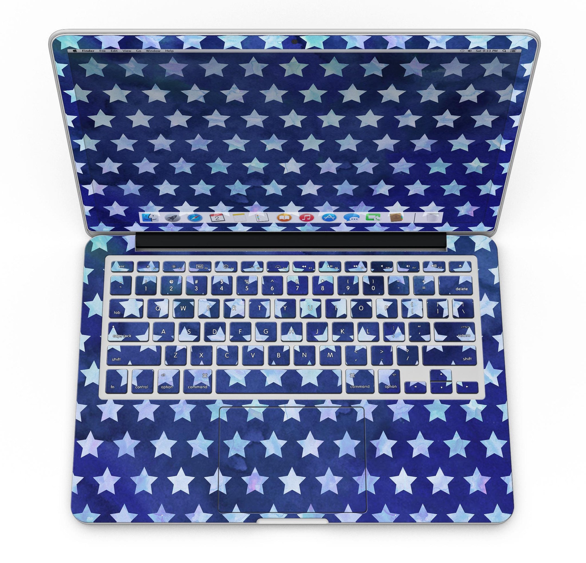 Blue Watercolor Stars skin for MacBook Pro with Retina Display, showcasing vibrant colors and a stylish design.