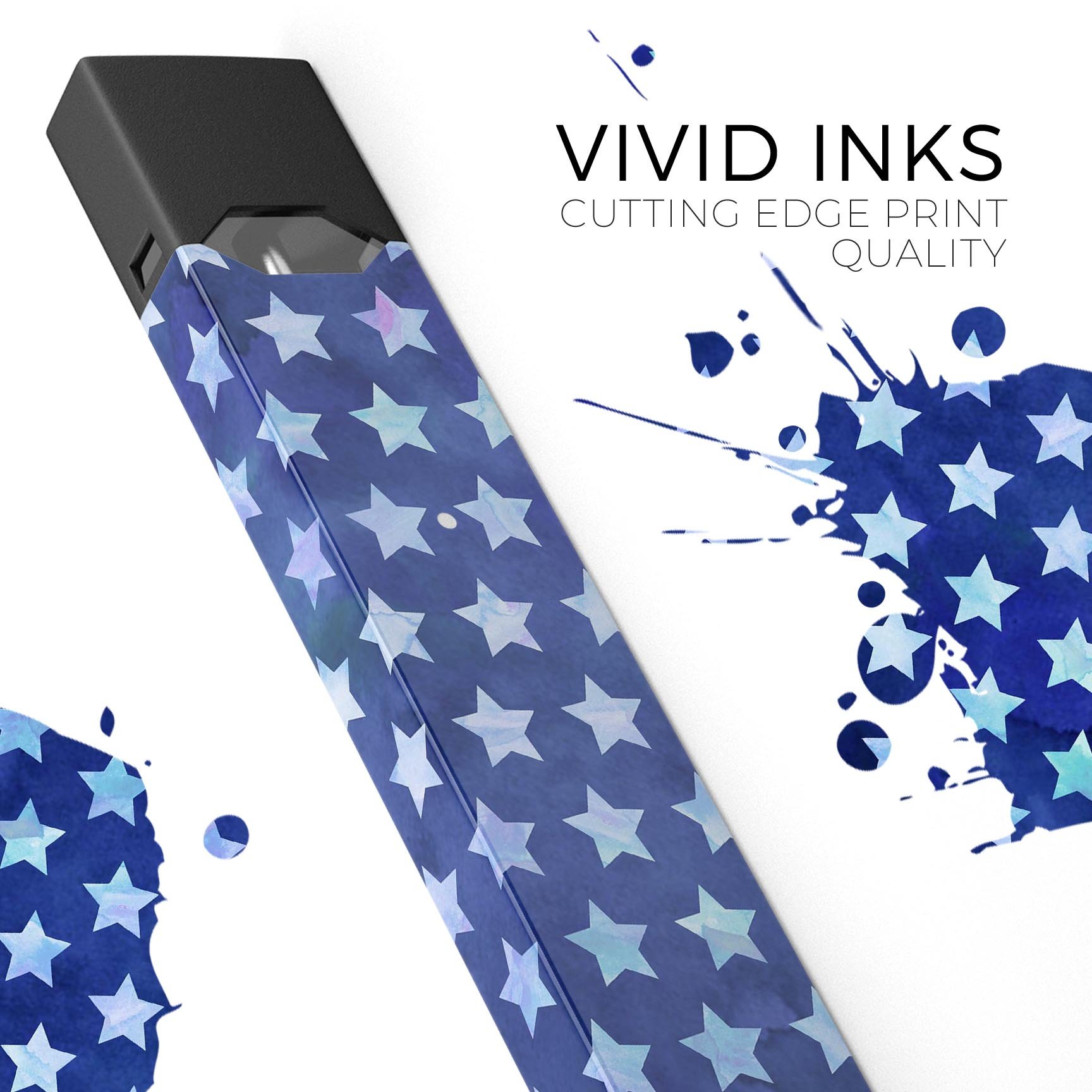 Blue Watercolor Stars skin-wrap sticker designed for JUUL vaping device, featuring a vibrant watercolor star pattern.