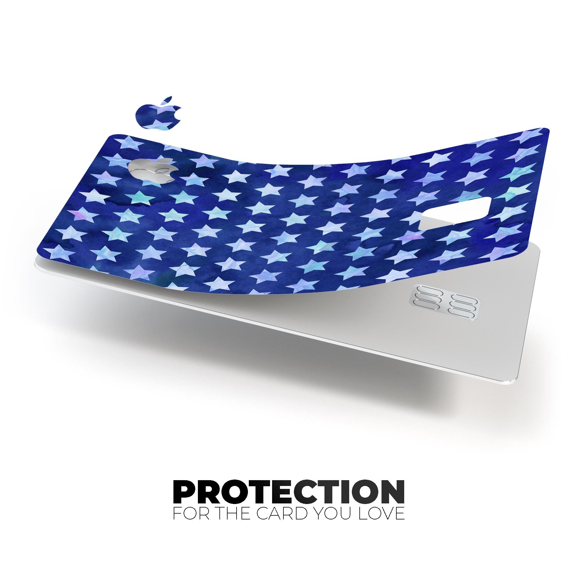 Blue Watercolor Stars decal skin for Apple Card, showcasing a vibrant design with protective features.