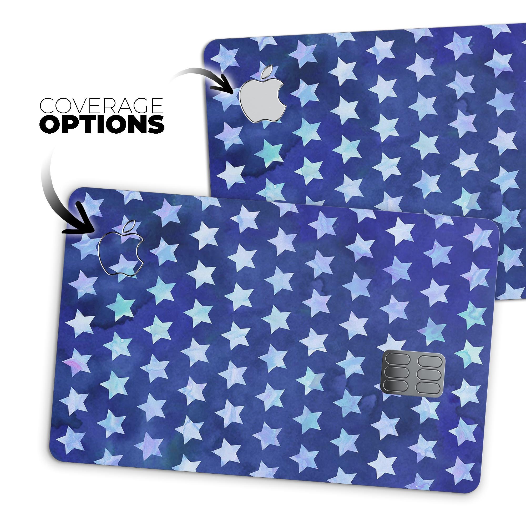 Blue Watercolor Stars decal skin for Apple Card, showcasing a vibrant design with protective features.