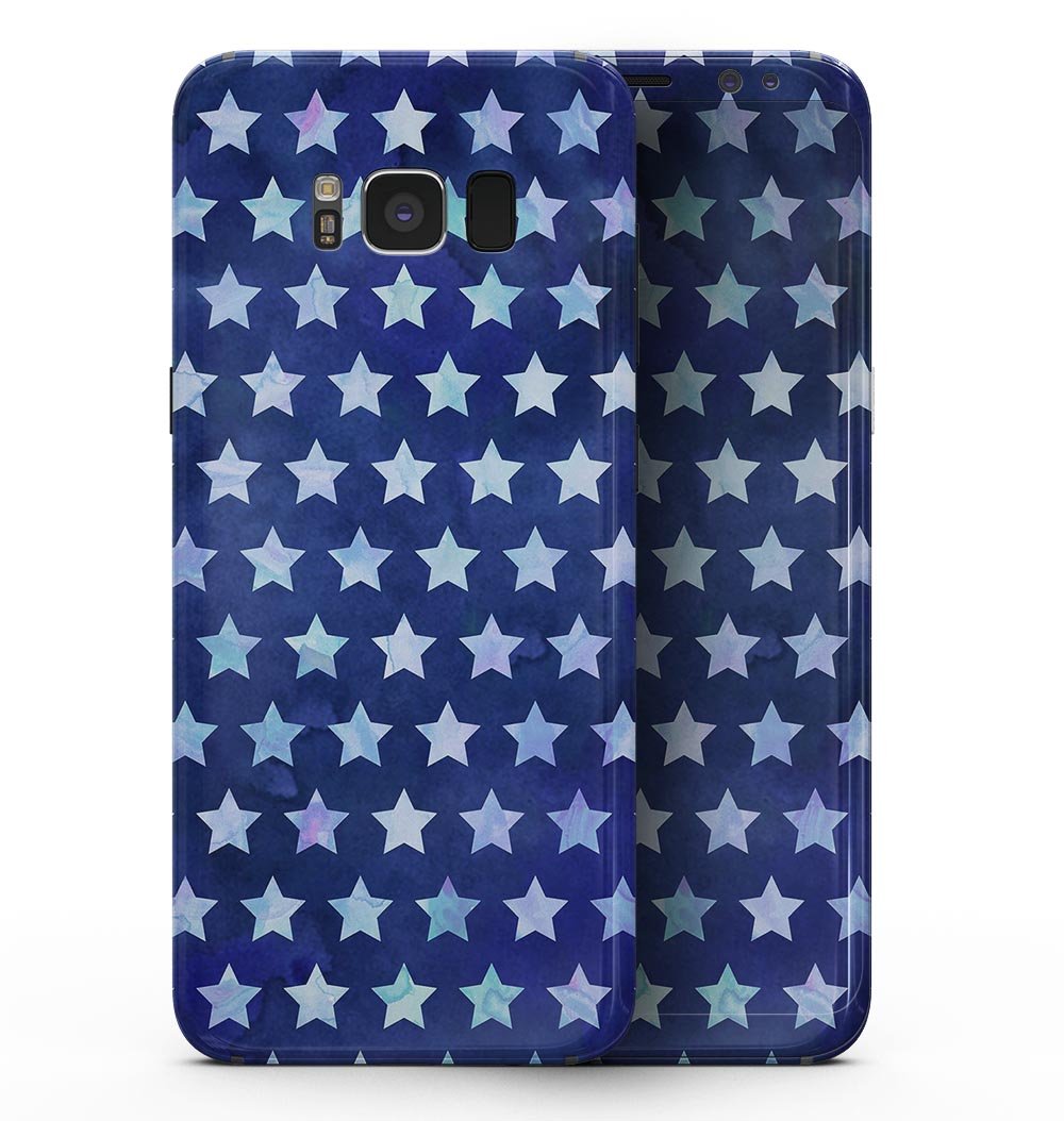 Samsung Galaxy S8 with Blue Watercolor Stars full-body skin, showcasing vibrant colors and unique design.