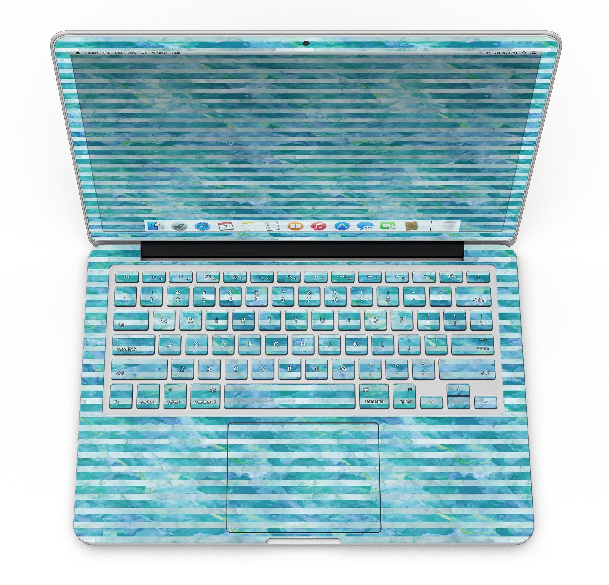 Blue Watercolor Stripes skin for MacBook Pro with Retina Display, showcasing vibrant colors and a sleek design.