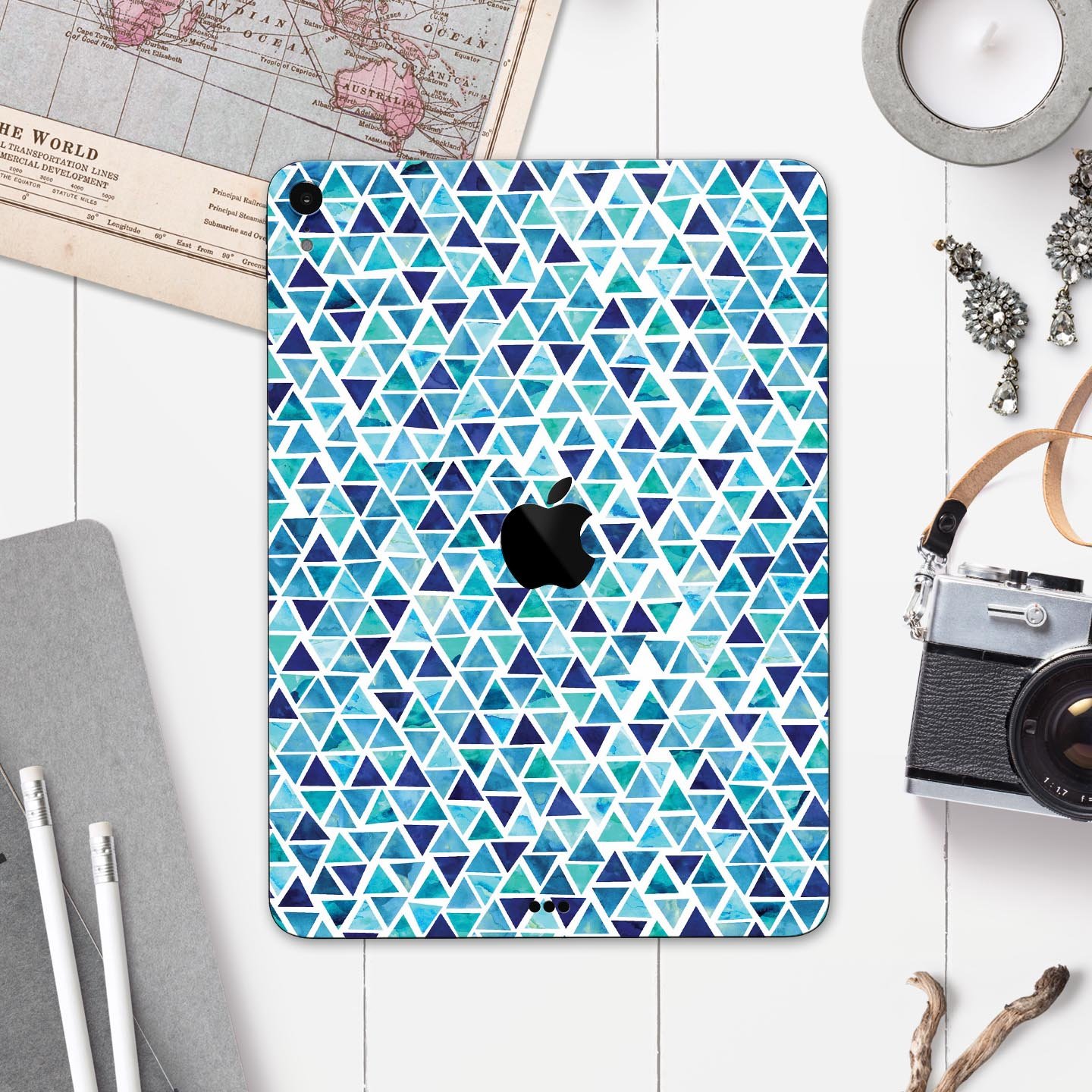 Blue Watercolor Triangle Pattern skin decal for Apple devices, showcasing vibrant colors and a stylish design.