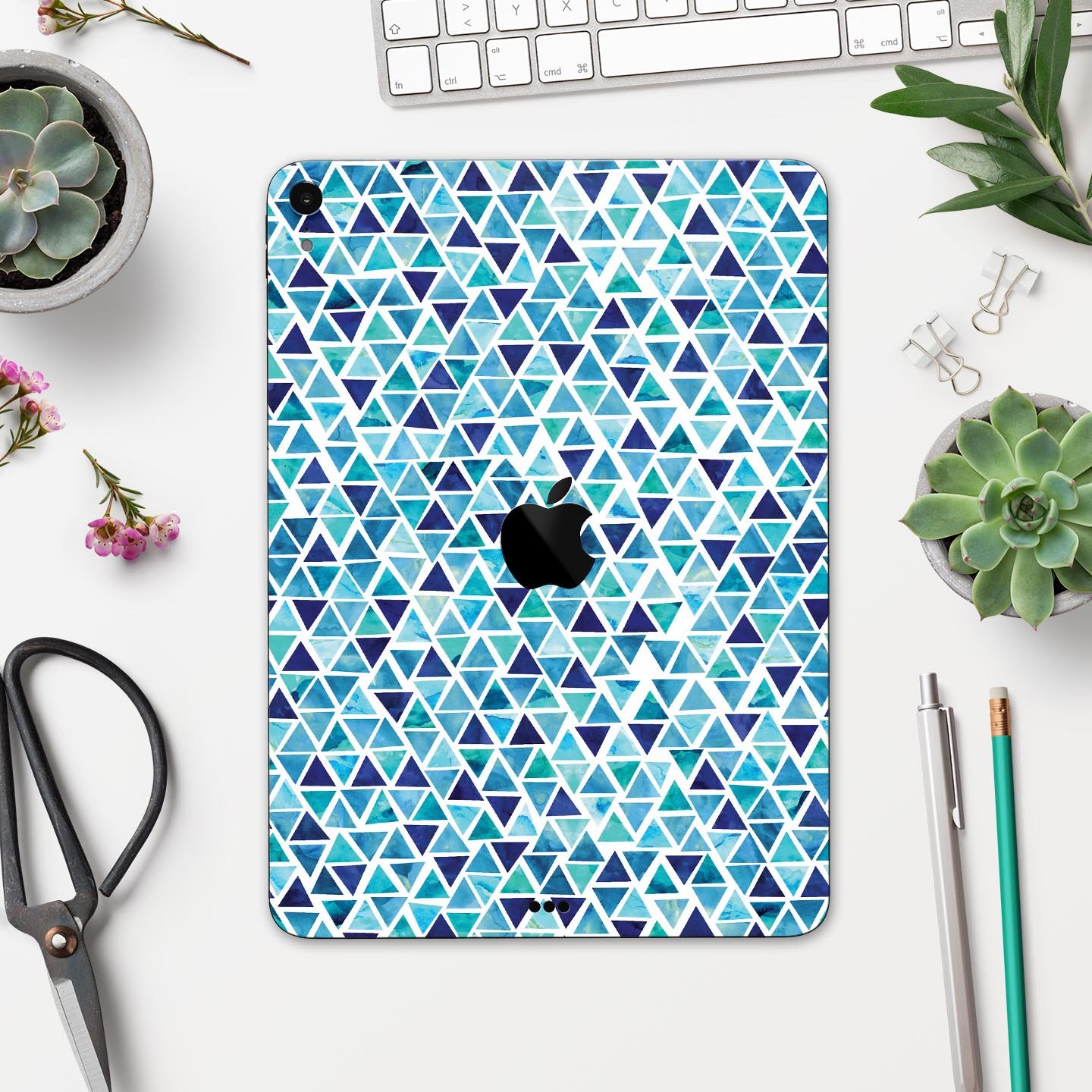 Blue Watercolor Triangle Pattern skin decal for Apple devices, showcasing vibrant colors and a stylish design.