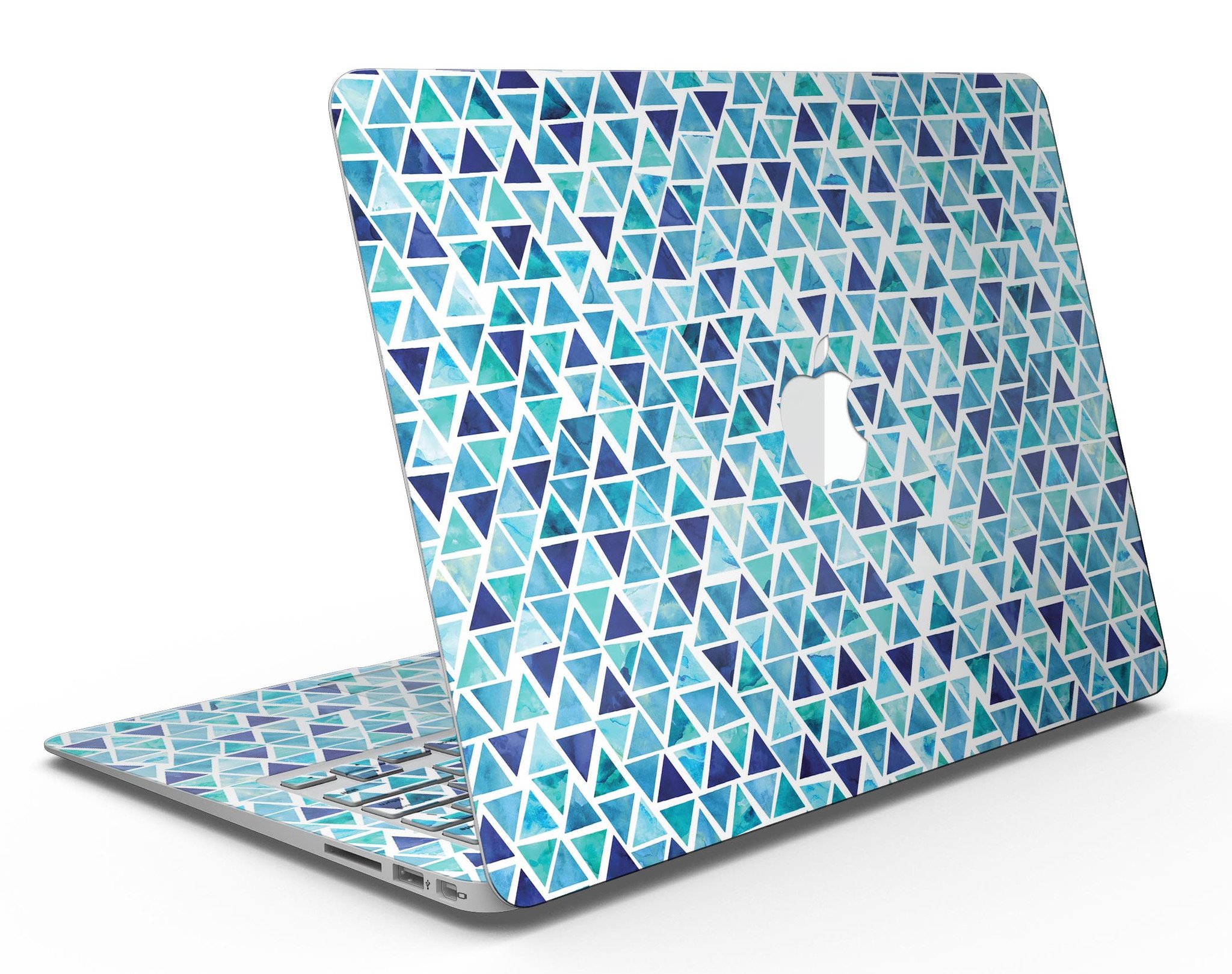 Blue Watercolor Triangle Pattern MacBook Air Skin Kit showcasing vibrant colors and artistic design.