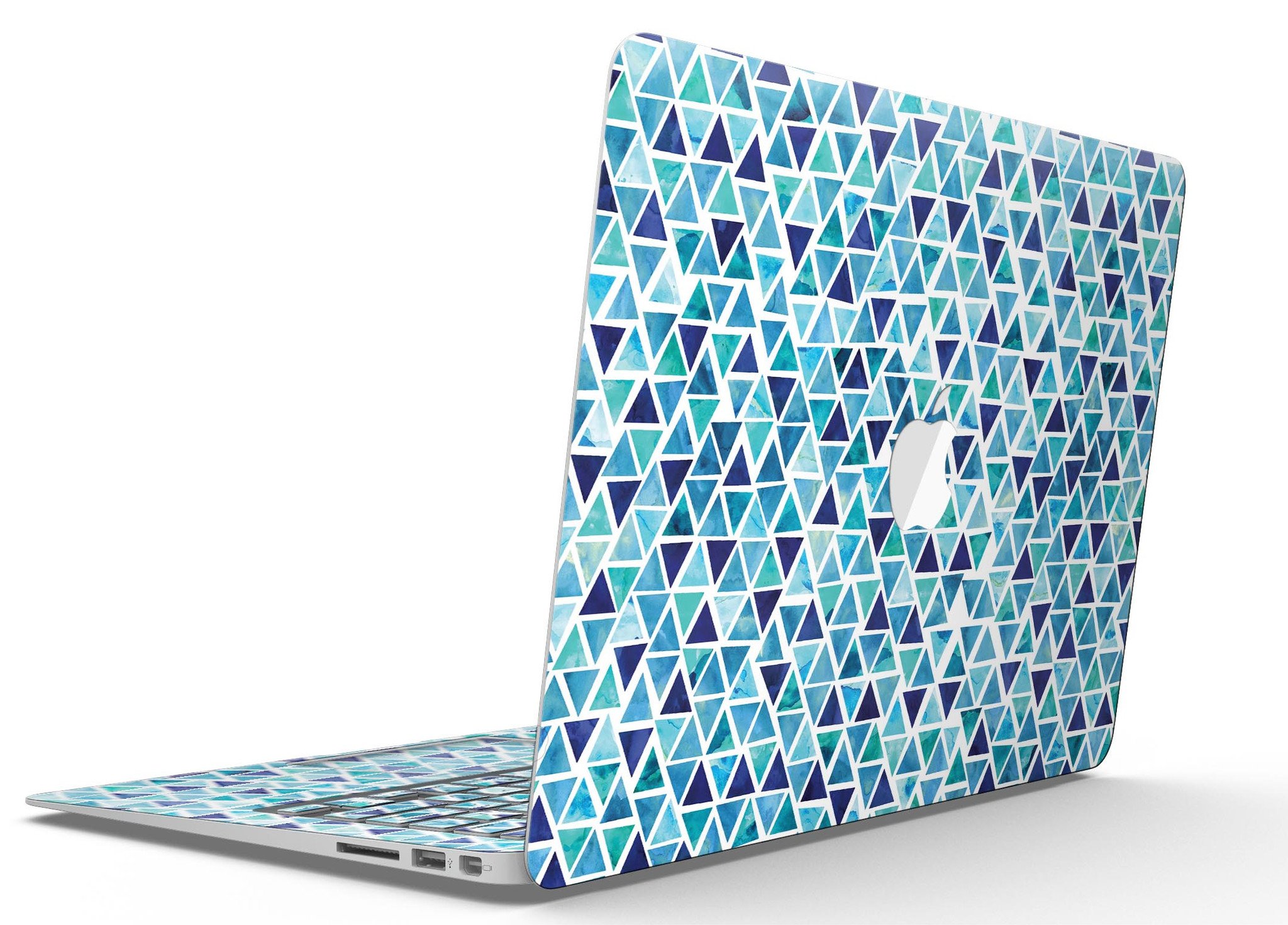 Blue Watercolor Triangle Pattern MacBook Air Skin Kit showcasing vibrant colors and artistic design.