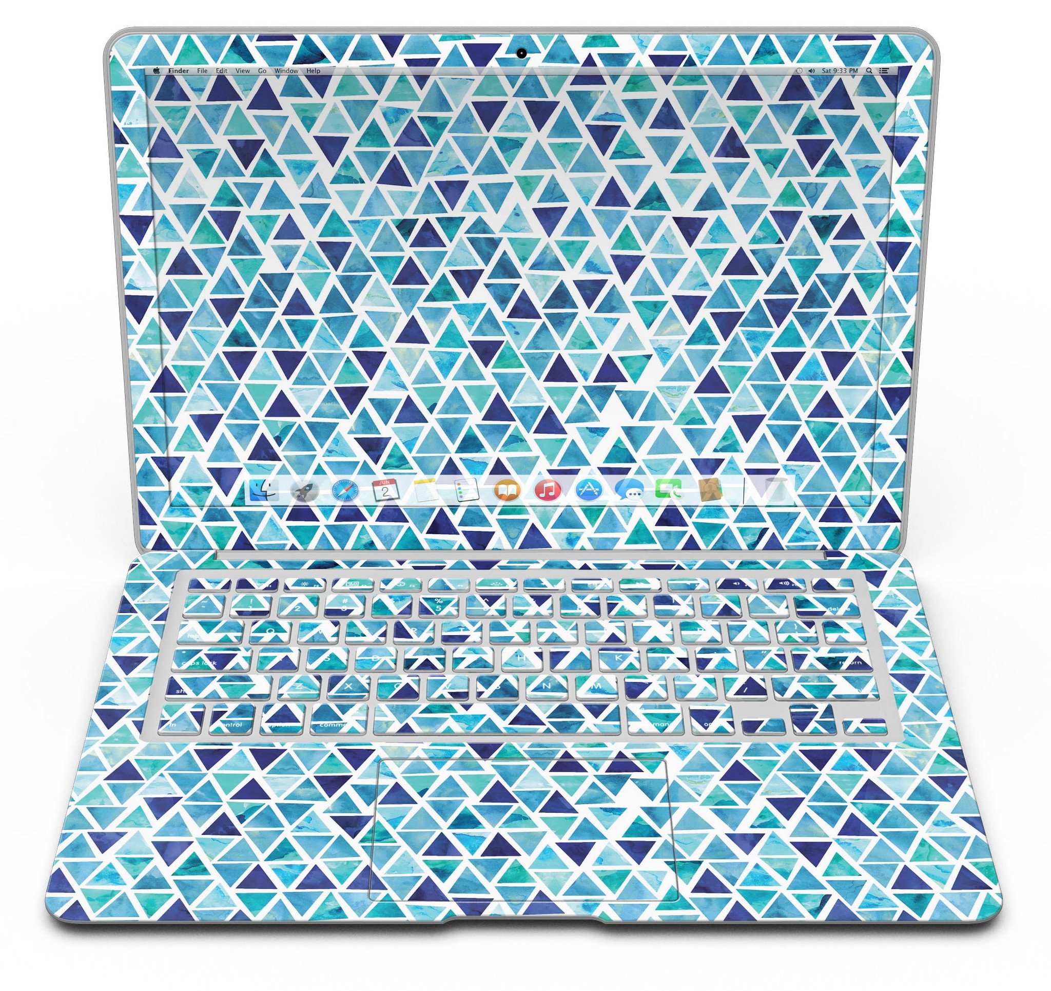 Blue Watercolor Triangle Pattern MacBook Air Skin Kit showcasing vibrant colors and artistic design.