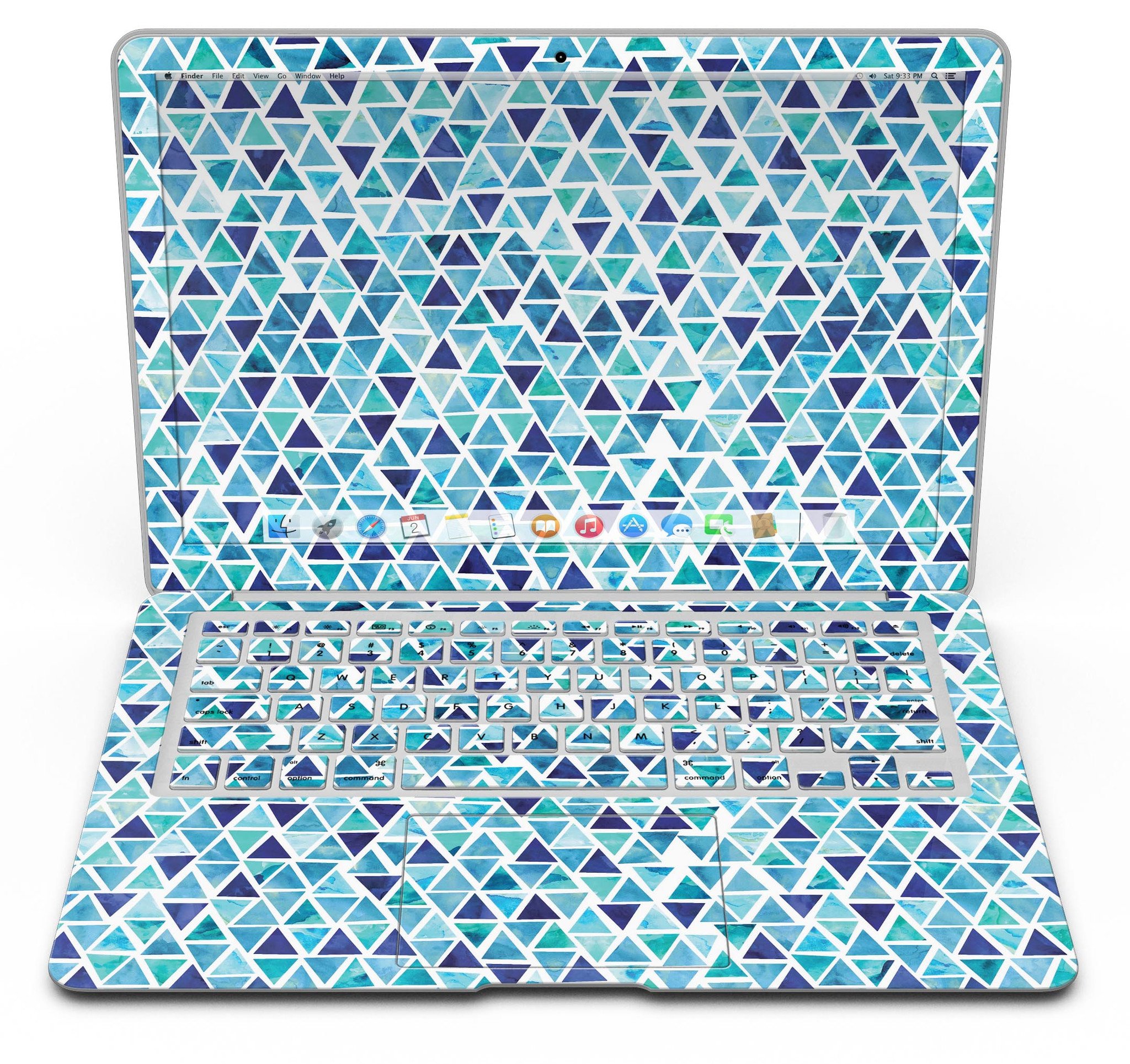 Blue Watercolor Triangle Pattern MacBook Air Skin Kit showcasing vibrant colors and artistic design.