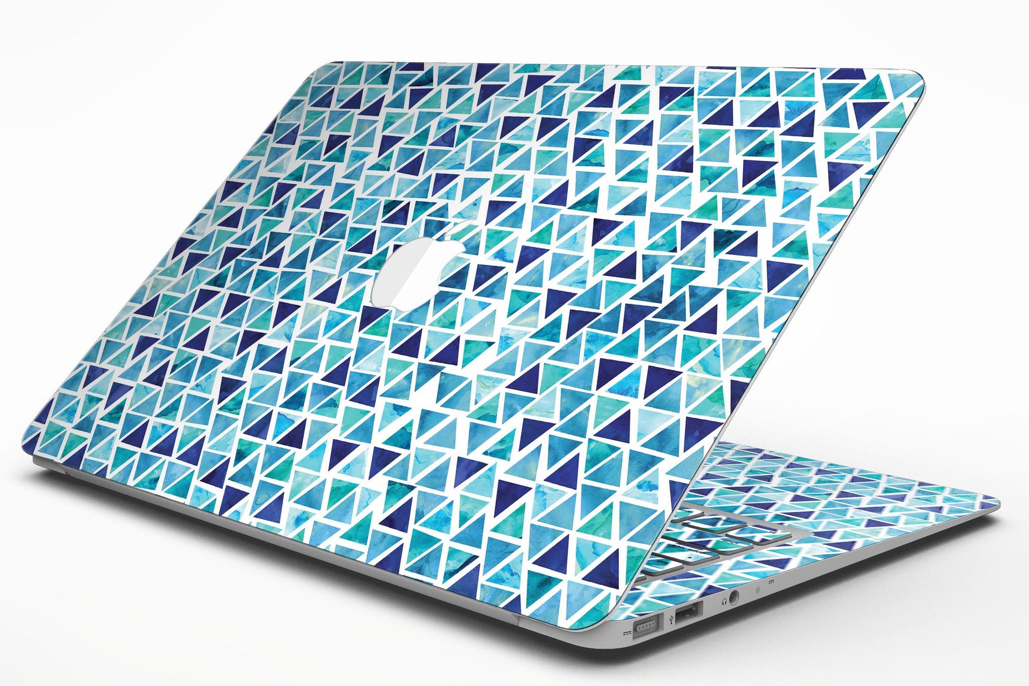 Blue Watercolor Triangle Pattern MacBook Air Skin Kit showcasing vibrant colors and artistic design.