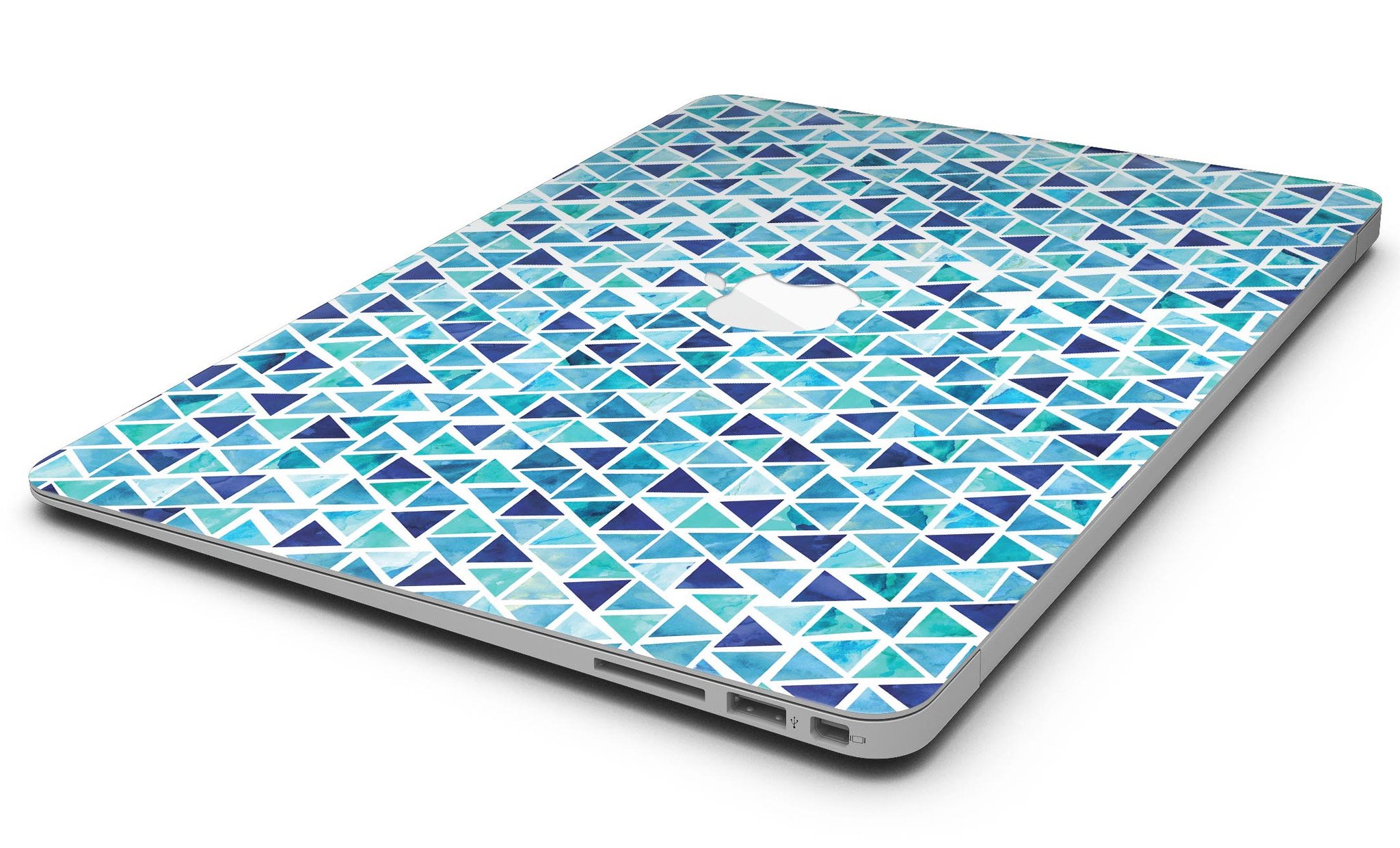 Blue Watercolor Triangle Pattern MacBook Air Skin Kit showcasing vibrant colors and artistic design.