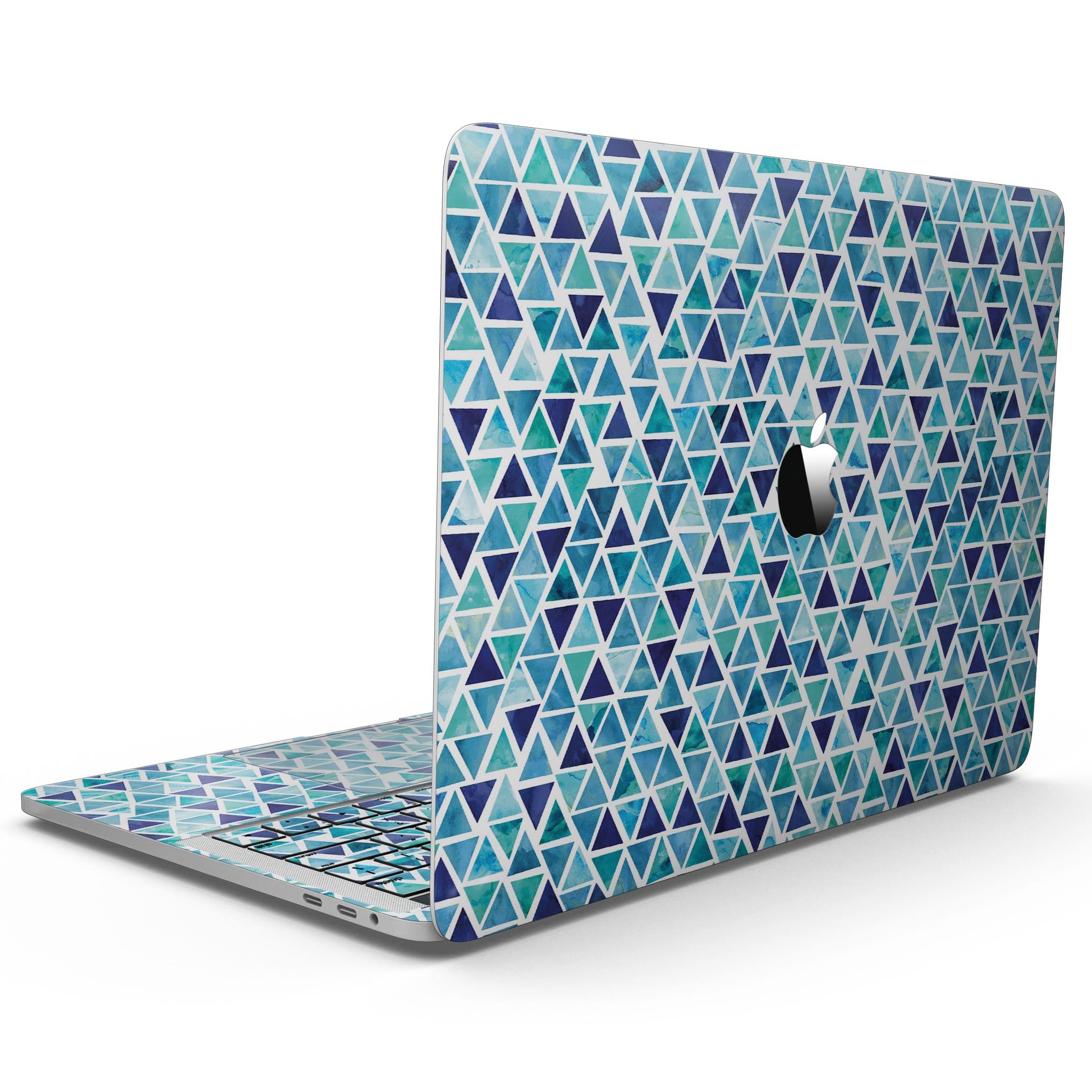 Blue Watercolor Triangle Pattern skin for MacBook Pro with Touch Bar, showcasing vibrant colors and unique design.