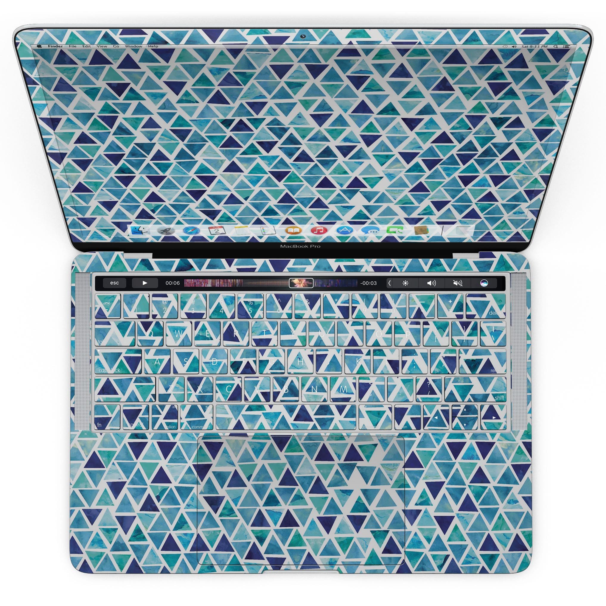 Blue Watercolor Triangle Pattern skin for MacBook Pro with Touch Bar, showcasing vibrant colors and unique design.