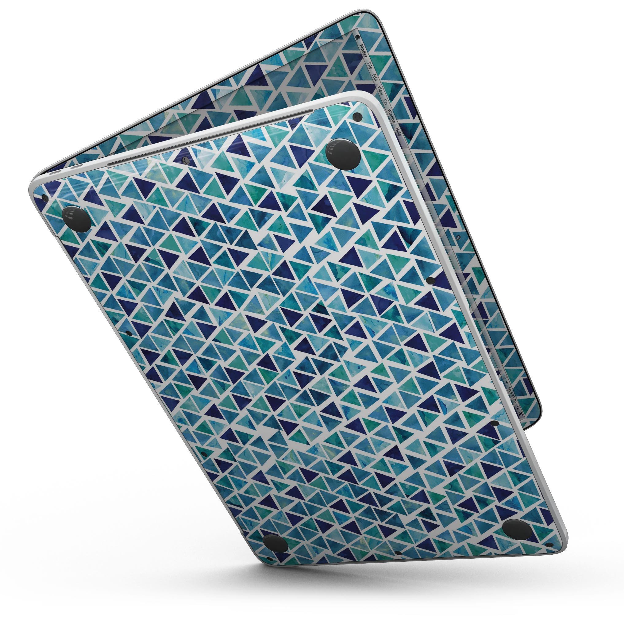 Blue Watercolor Triangle Pattern skin for MacBook Pro with Touch Bar, showcasing vibrant colors and unique design.