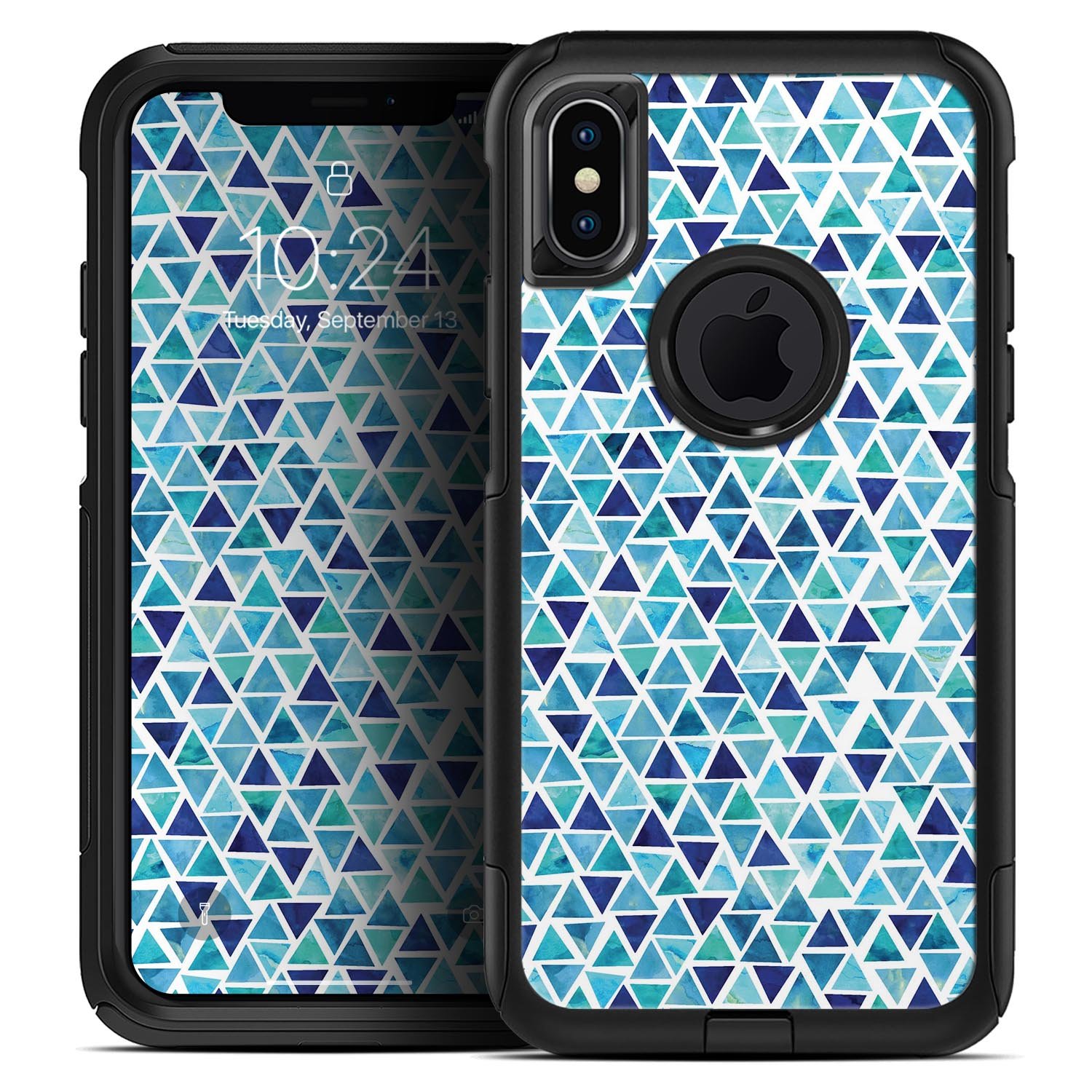 Blue Watercolor Triangle Pattern Skin Kit for iPhone OtterBox, showcasing vibrant colors and unique design.