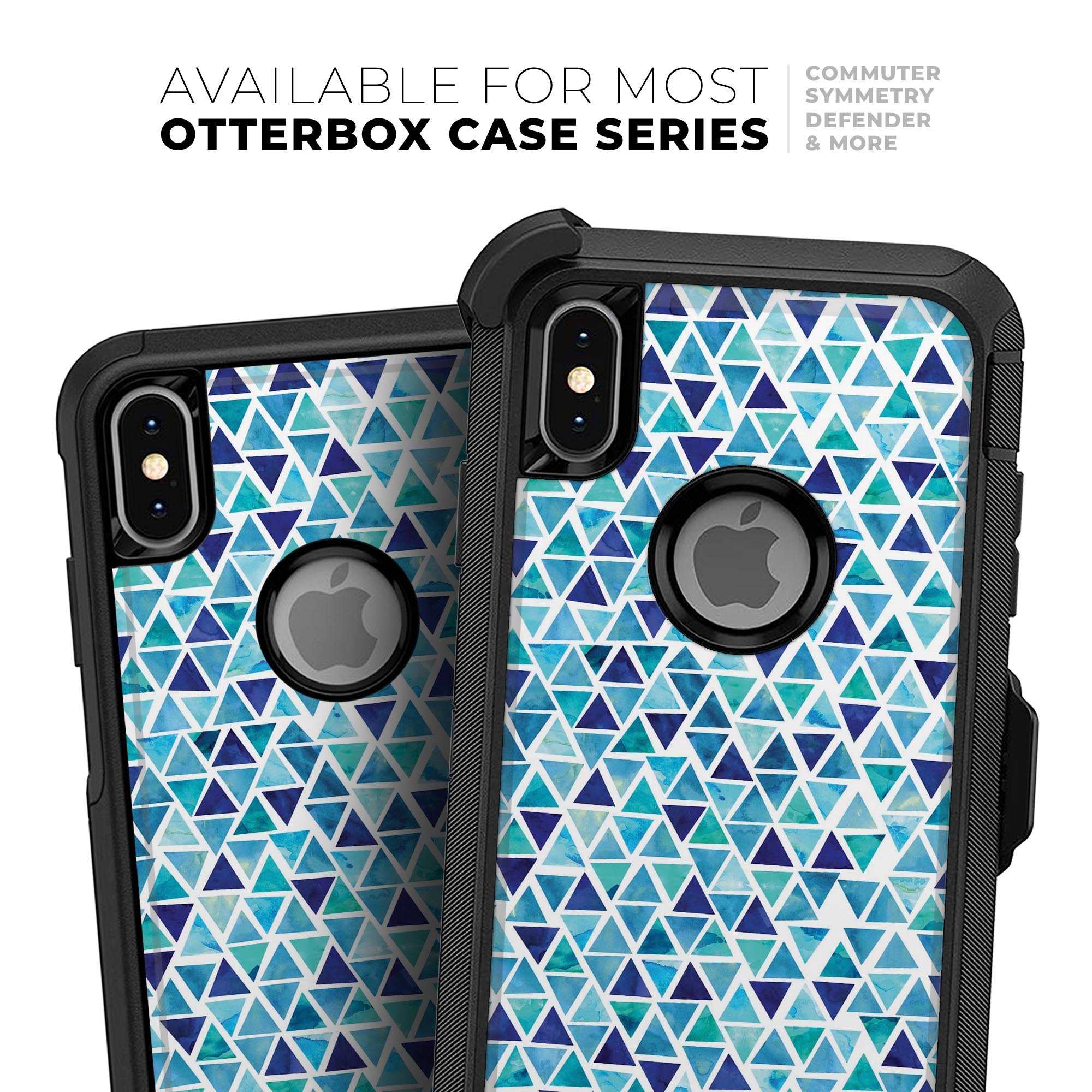 Blue Watercolor Triangle Pattern Skin Kit for iPhone OtterBox, showcasing vibrant colors and unique design.