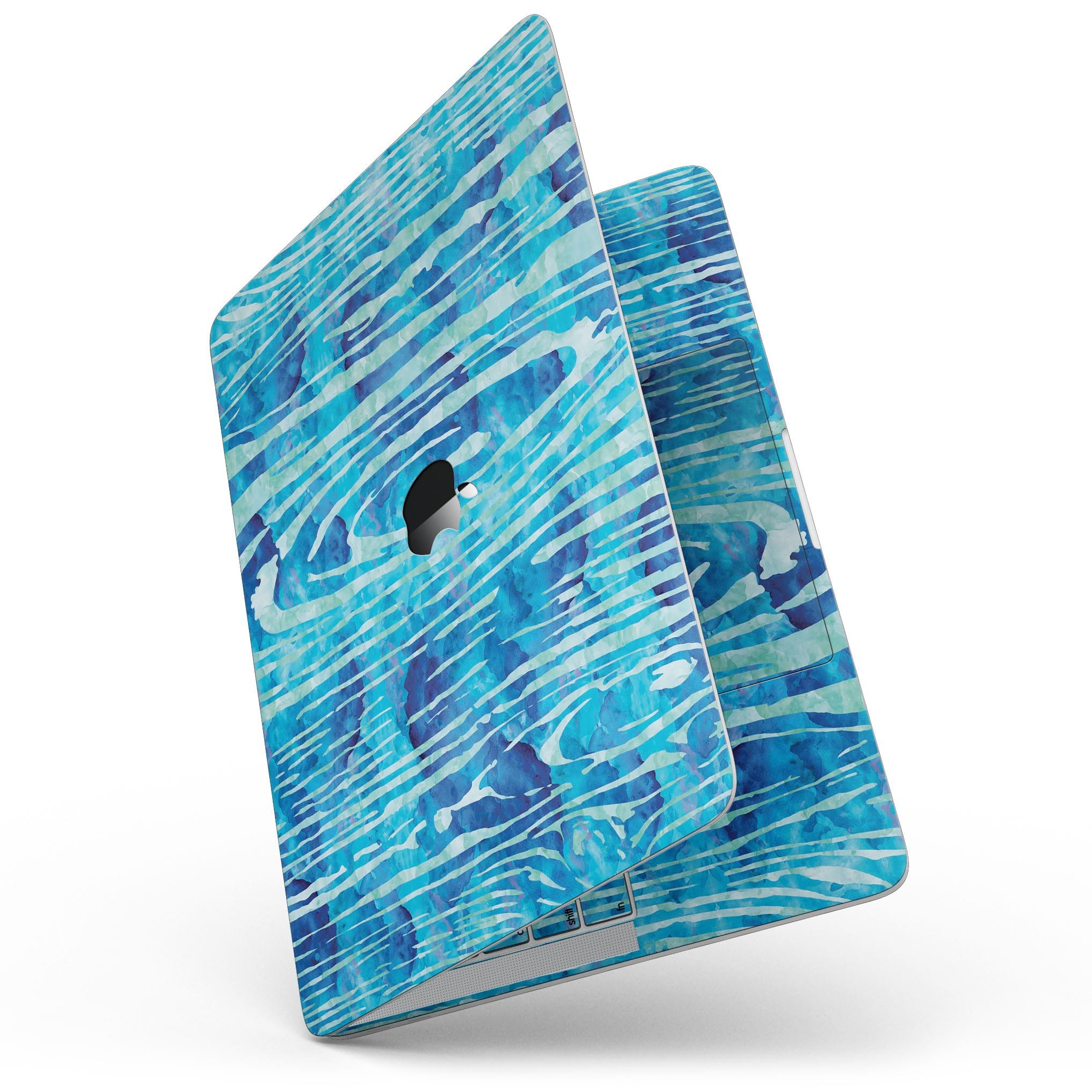 Blue Watercolor Woodgrain skin for 13" MacBook Pro without Touch Bar, showcasing vibrant colors and woodgrain texture.