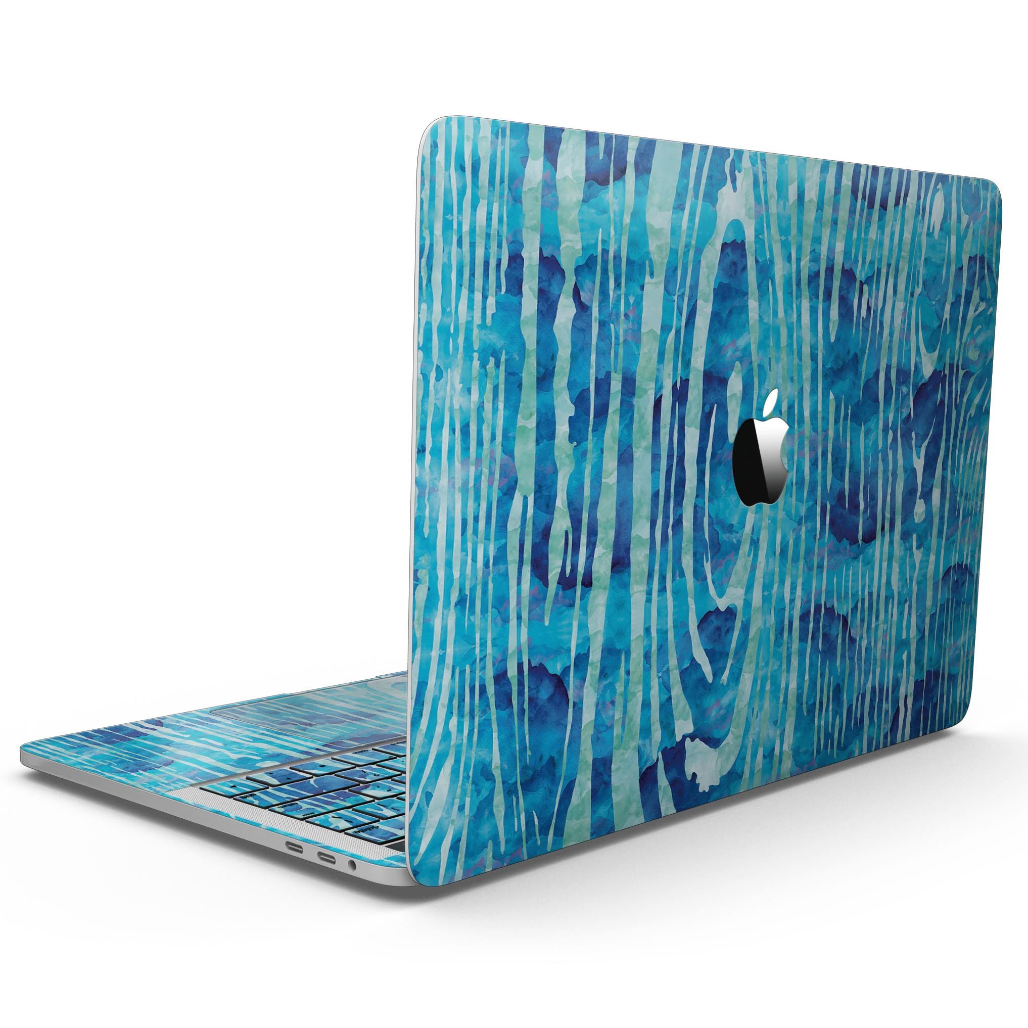 Blue Watercolor Woodgrain skin for 13" MacBook Pro without Touch Bar, showcasing vibrant colors and woodgrain texture.