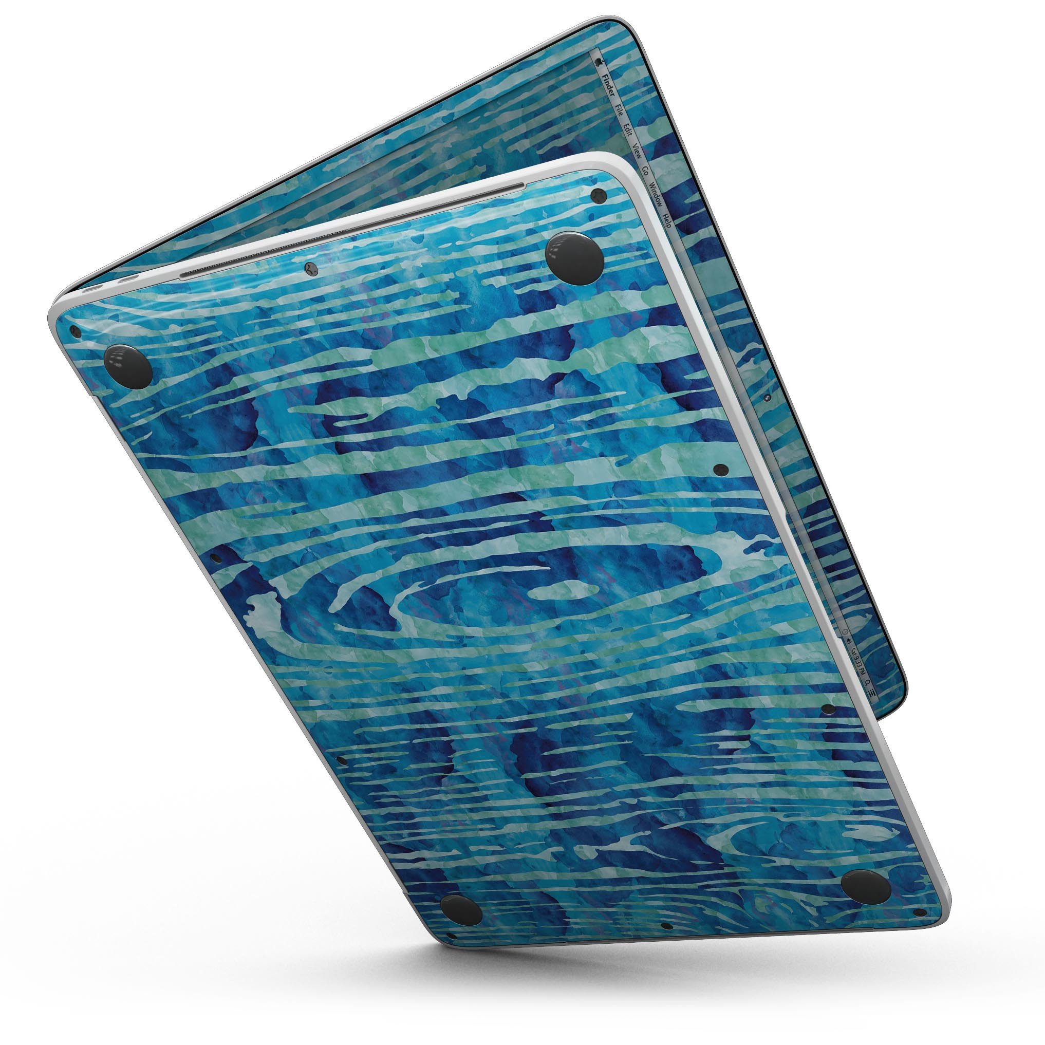 Blue Watercolor Woodgrain skin for 13" MacBook Pro without Touch Bar, showcasing vibrant colors and woodgrain texture.