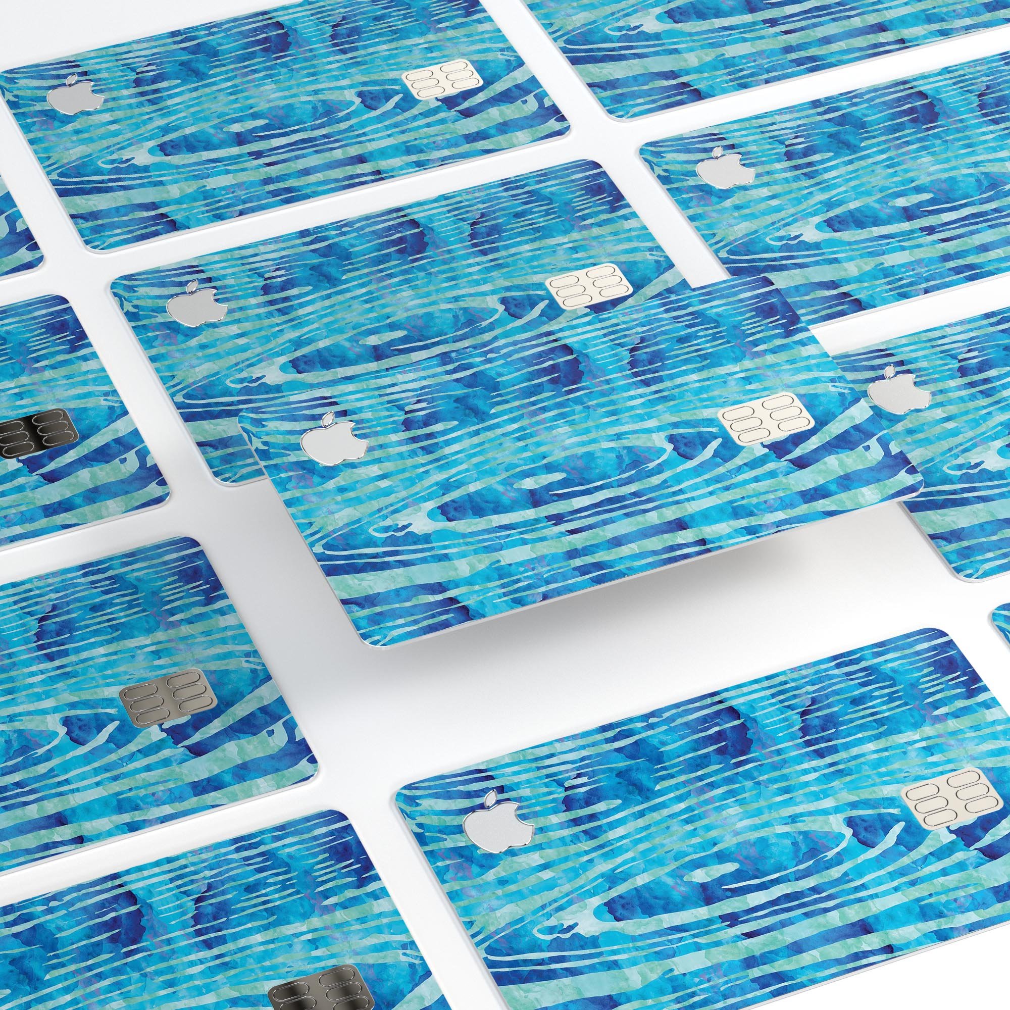 Blue Watercolor Woodgrain decal skin for Apple Card, showcasing a vibrant design with woodgrain texture.