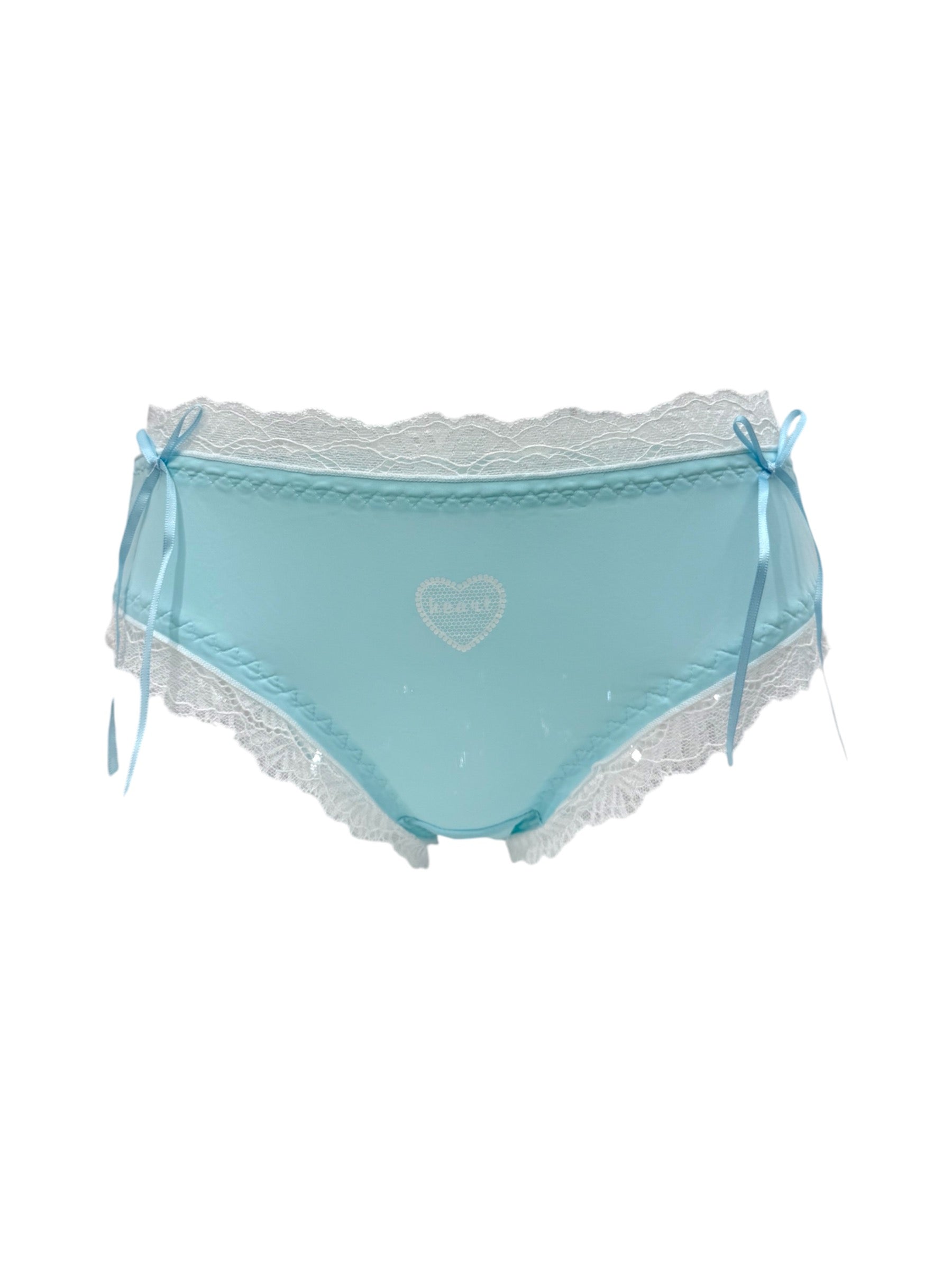 Blue and white lace trim panty featuring a heart design and bow details, crafted from 100% cotton lining.