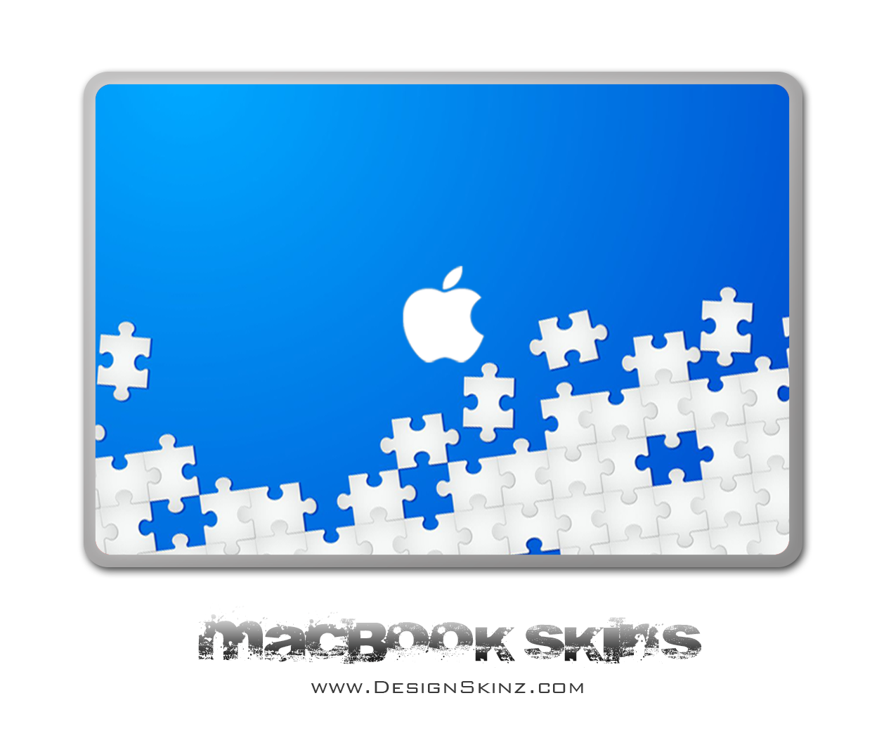 Blue and white puzzle design MacBook skin, showcasing a sleek and stylish appearance with an Apple logo cutout.