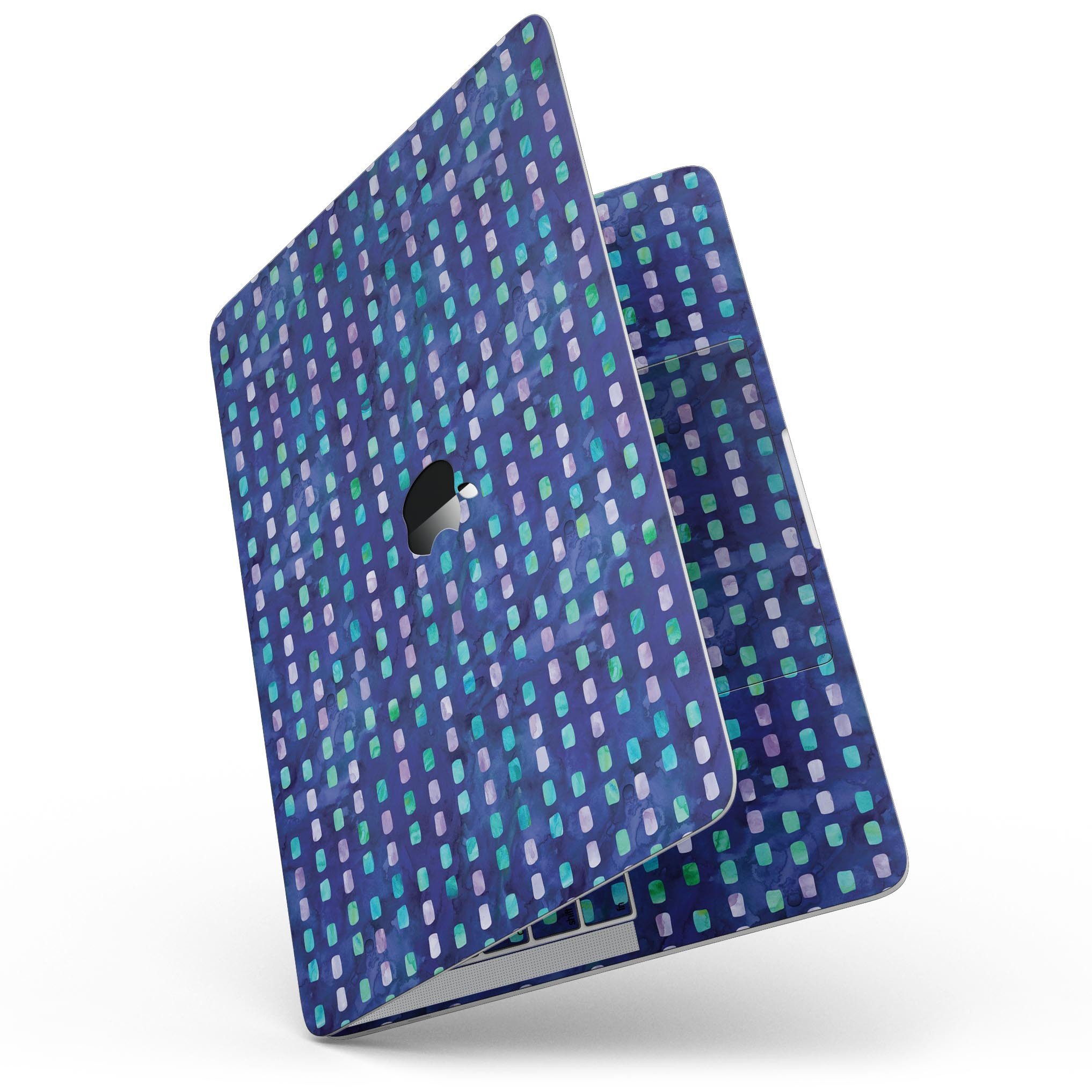 A 13-inch MacBook Pro with a vibrant blue, purple, and aqua strokes pattern skin, showcasing its stylish design and sleek appearance.