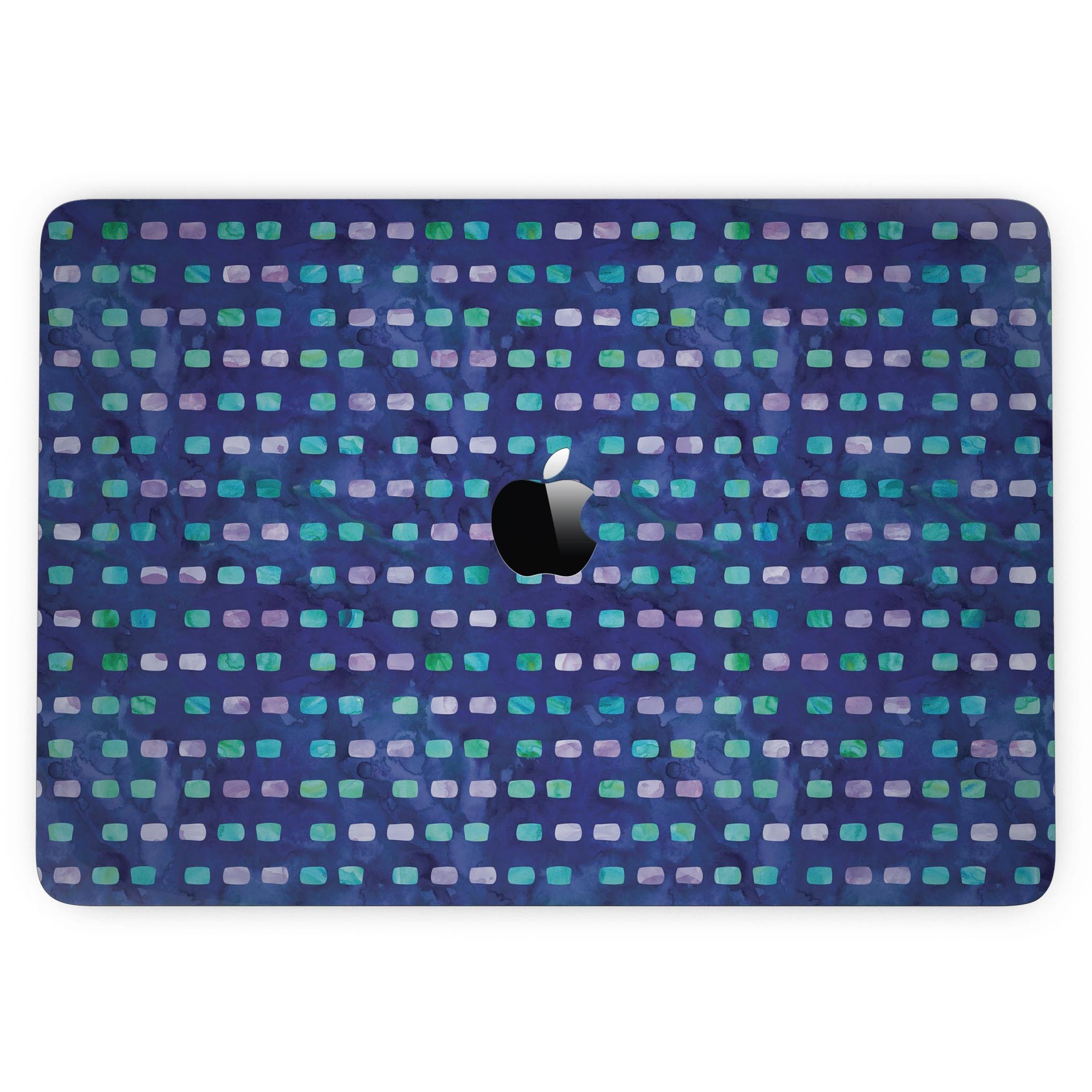 A 13-inch MacBook Pro with a vibrant blue, purple, and aqua strokes pattern skin, showcasing its stylish design and sleek appearance.