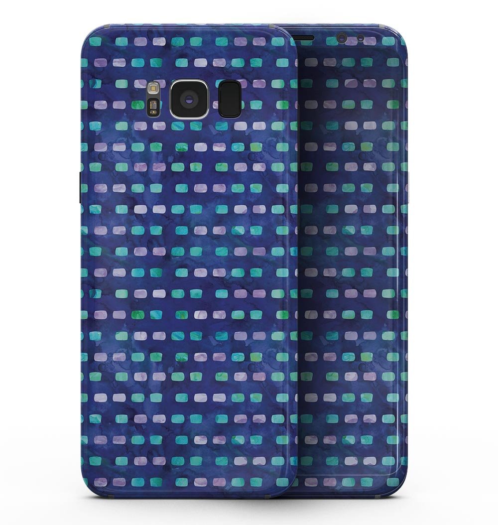 Samsung Galaxy S8 with a vibrant blue, purple, and aqua strokes pattern skin, showcasing its stylish design and sleek fit.