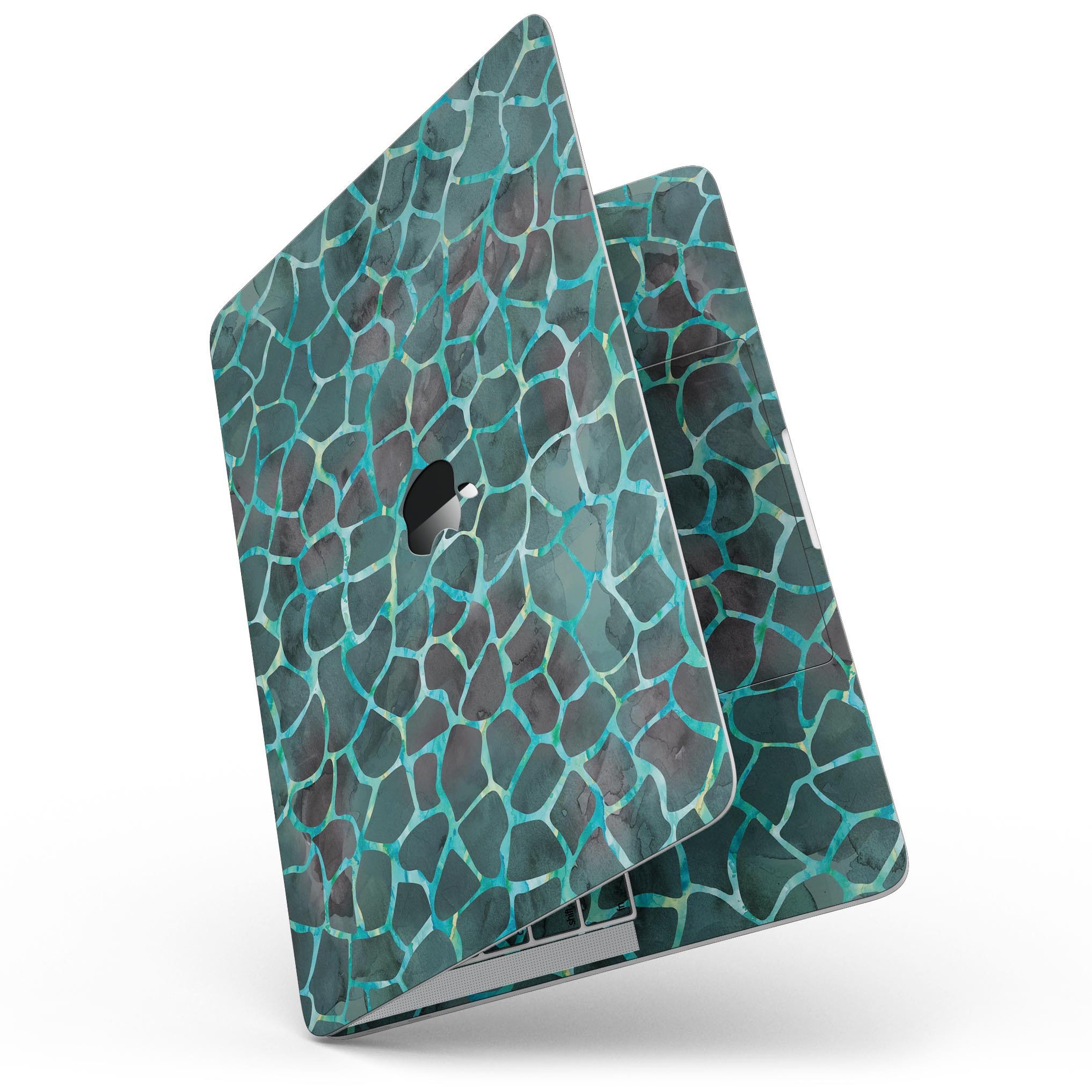 A 13" MacBook Pro covered with a Blue-Green and Black Watercolor Giraffe Pattern skin, showcasing vibrant colors and a stylish design.