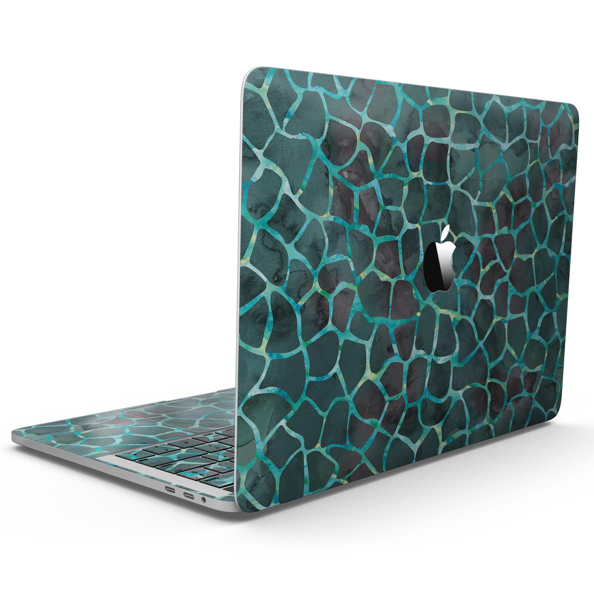 A 13" MacBook Pro covered with a Blue-Green and Black Watercolor Giraffe Pattern skin, showcasing vibrant colors and a stylish design.