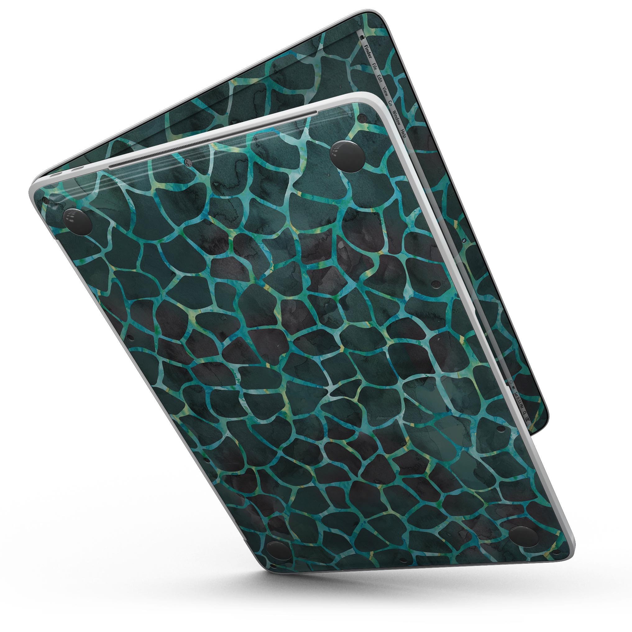 A 13" MacBook Pro covered with a Blue-Green and Black Watercolor Giraffe Pattern skin, showcasing vibrant colors and a stylish design.