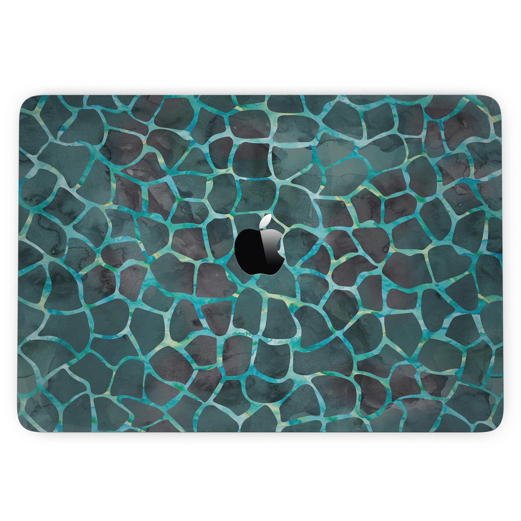 A 13" MacBook Pro covered with a Blue-Green and Black Watercolor Giraffe Pattern skin, showcasing vibrant colors and a stylish design.