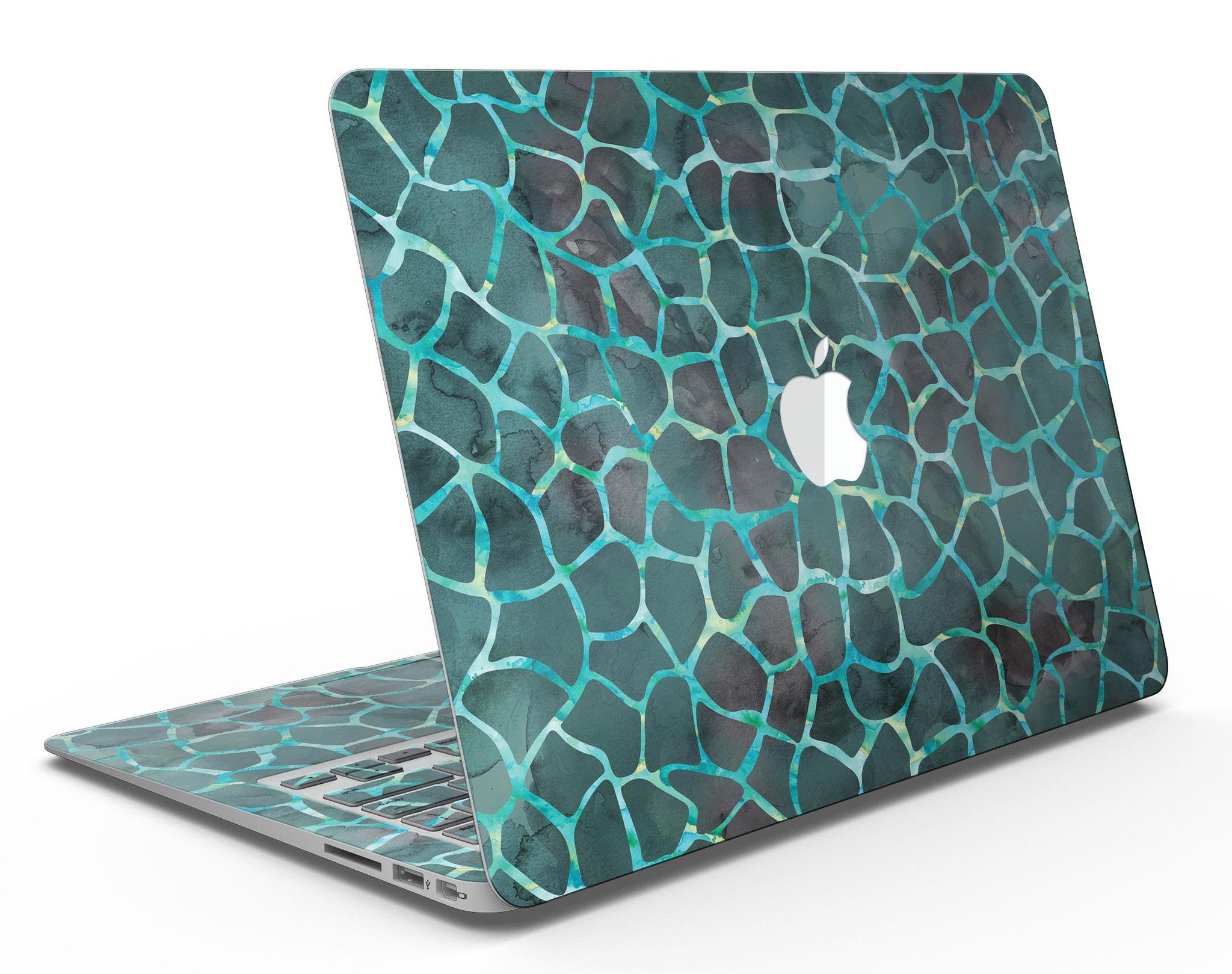 Blue-Green and Black Watercolor Giraffe Pattern MacBook Air Skin, showcasing vibrant colors and unique design.