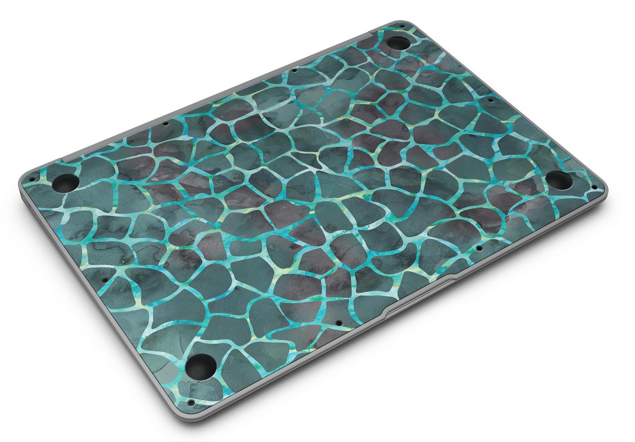 Blue-Green and Black Watercolor Giraffe Pattern MacBook Air Skin, showcasing vibrant colors and unique design.