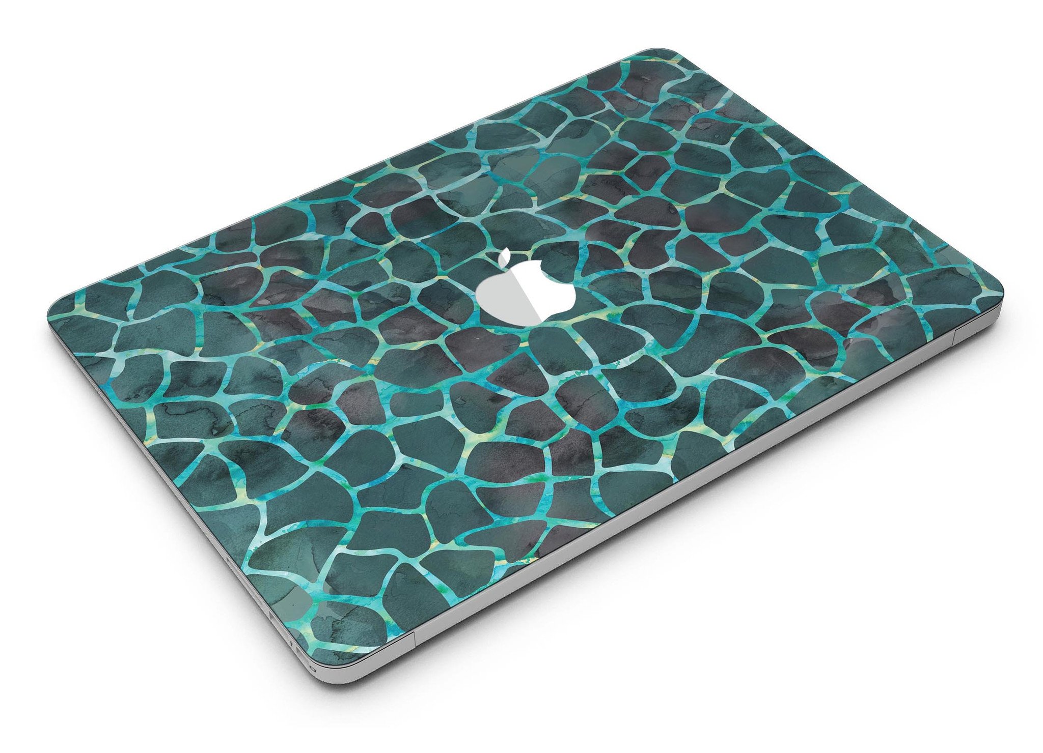 Blue-Green and Black Watercolor Giraffe Pattern MacBook Air Skin, showcasing vibrant colors and unique design.