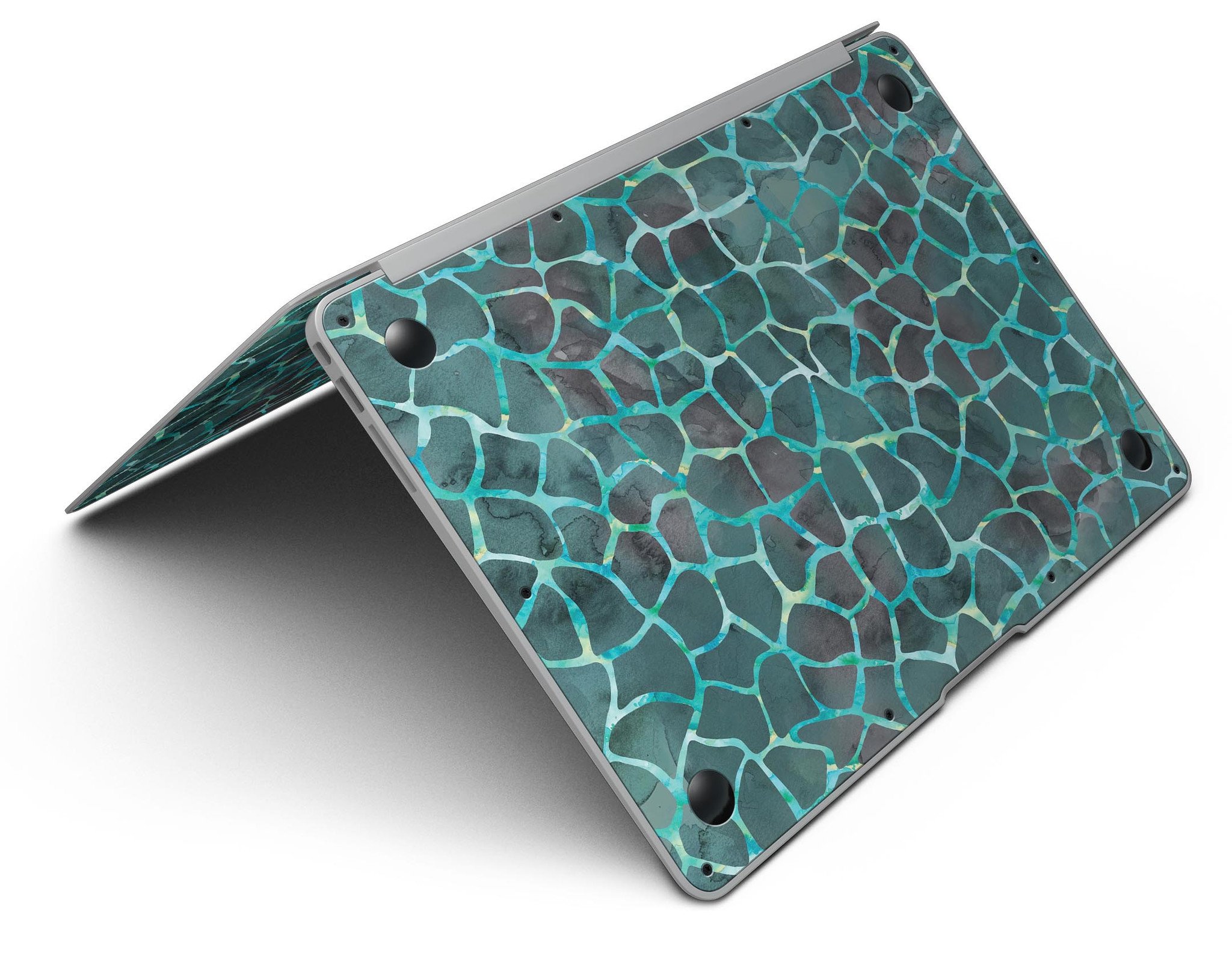 Blue-Green and Black Watercolor Giraffe Pattern MacBook Air Skin, showcasing vibrant colors and unique design.