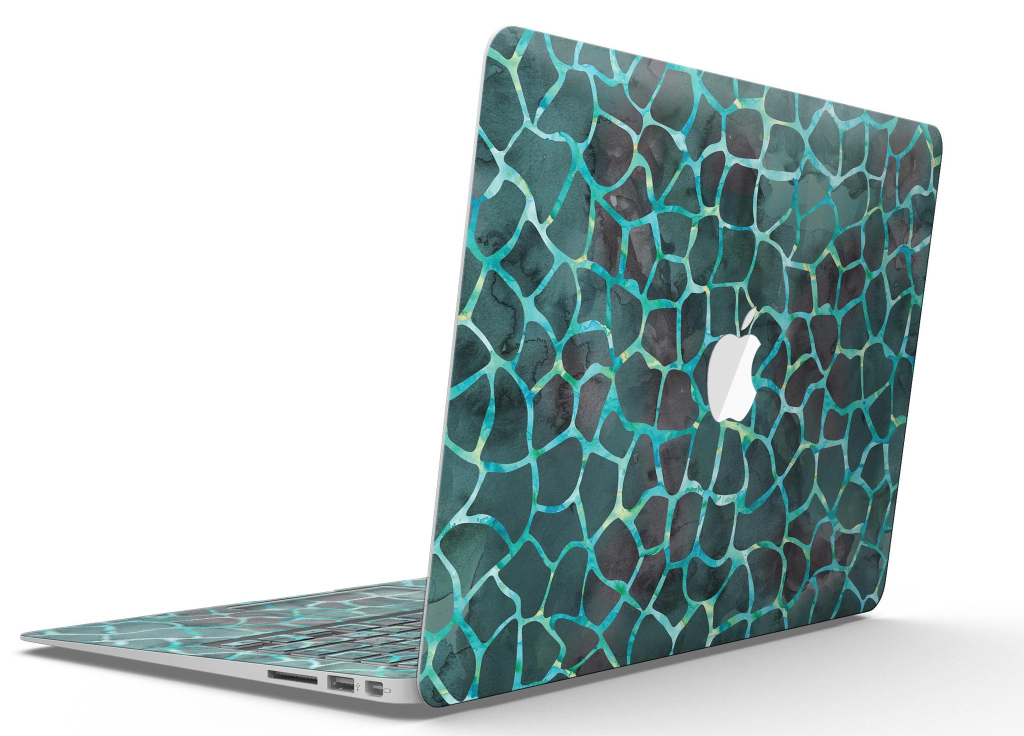 Blue-Green and Black Watercolor Giraffe Pattern MacBook Air Skin, showcasing vibrant colors and unique design.