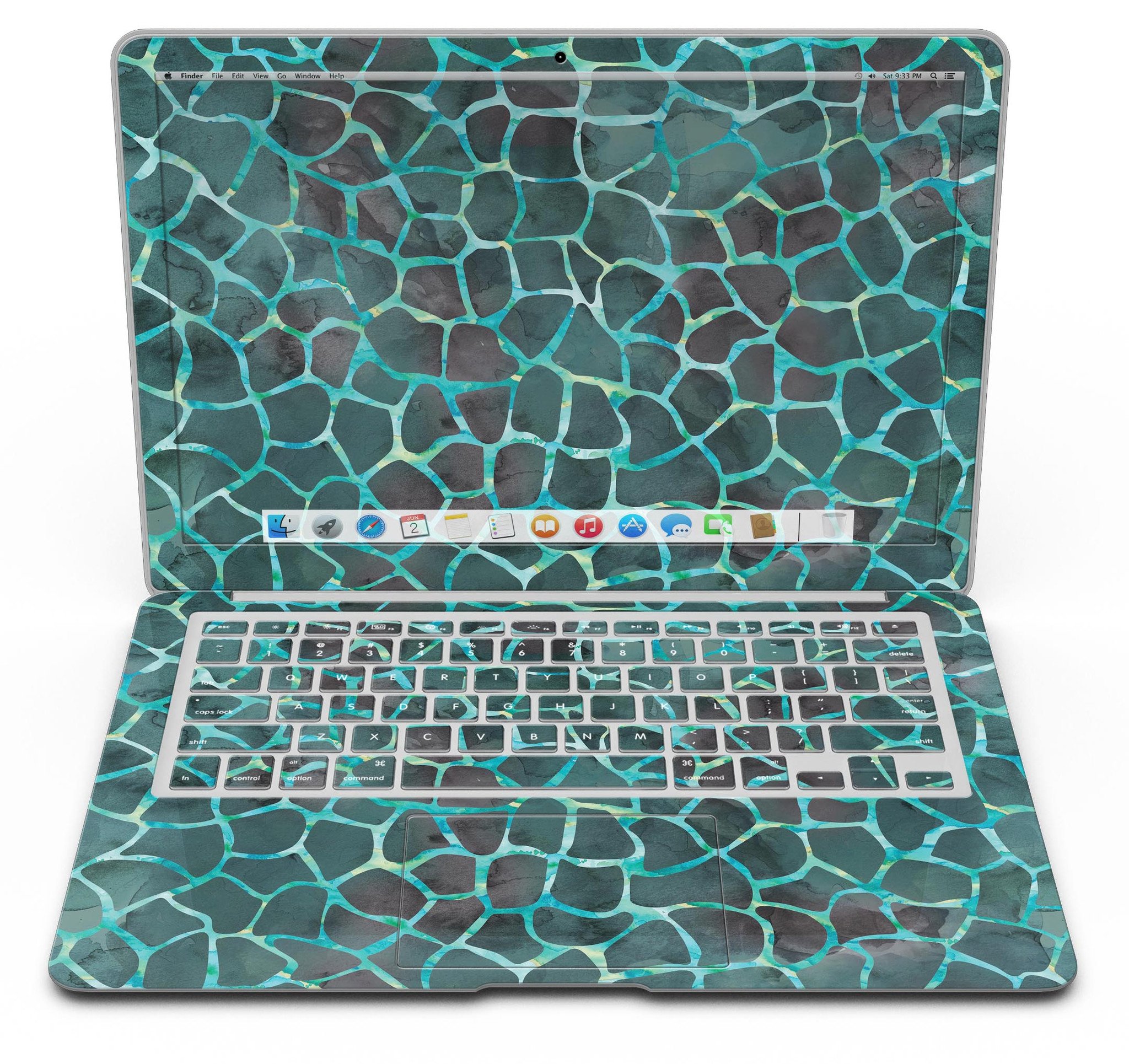 Blue-Green and Black Watercolor Giraffe Pattern MacBook Air Skin, showcasing vibrant colors and unique design.