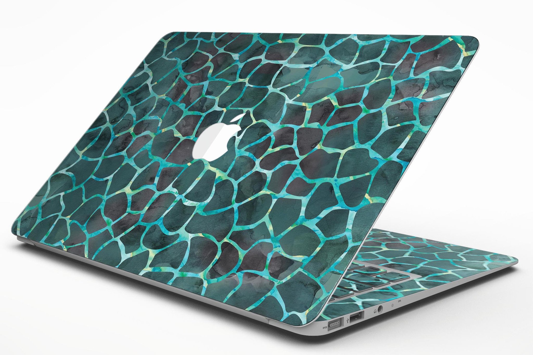 Blue-Green and Black Watercolor Giraffe Pattern MacBook Air Skin, showcasing vibrant colors and unique design.