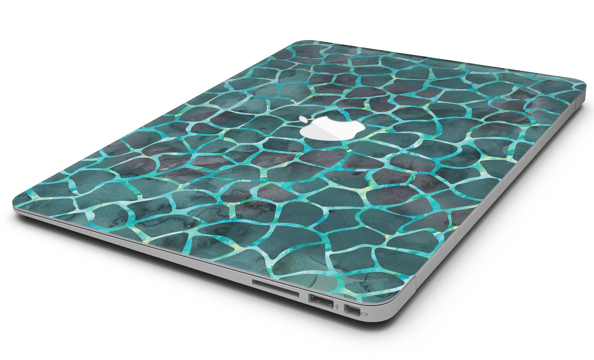 Blue-Green and Black Watercolor Giraffe Pattern MacBook Air Skin, showcasing vibrant colors and unique design.