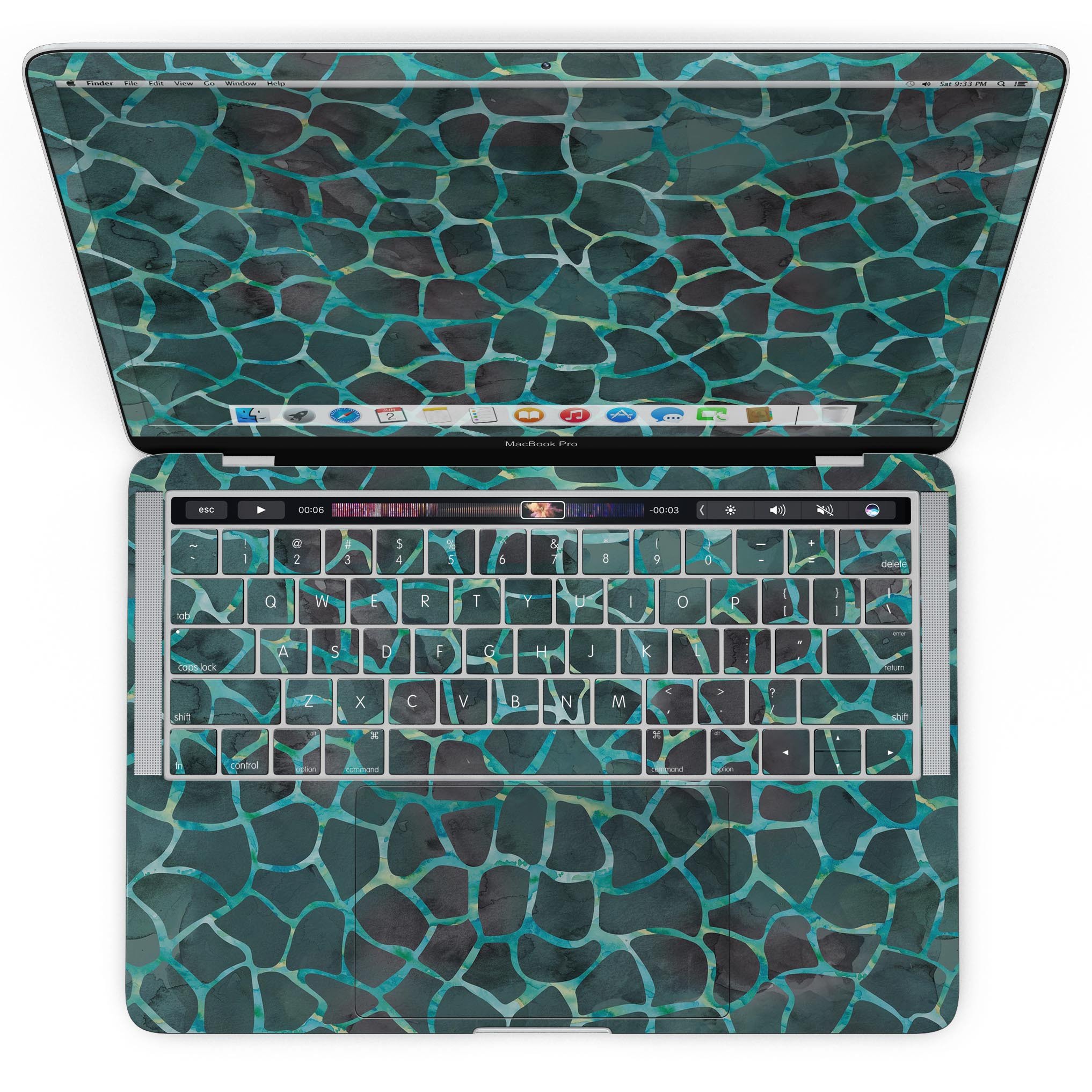 Blue-Green and Black Watercolor Giraffe Pattern skin for MacBook Pro, showcasing vibrant colors and unique design.