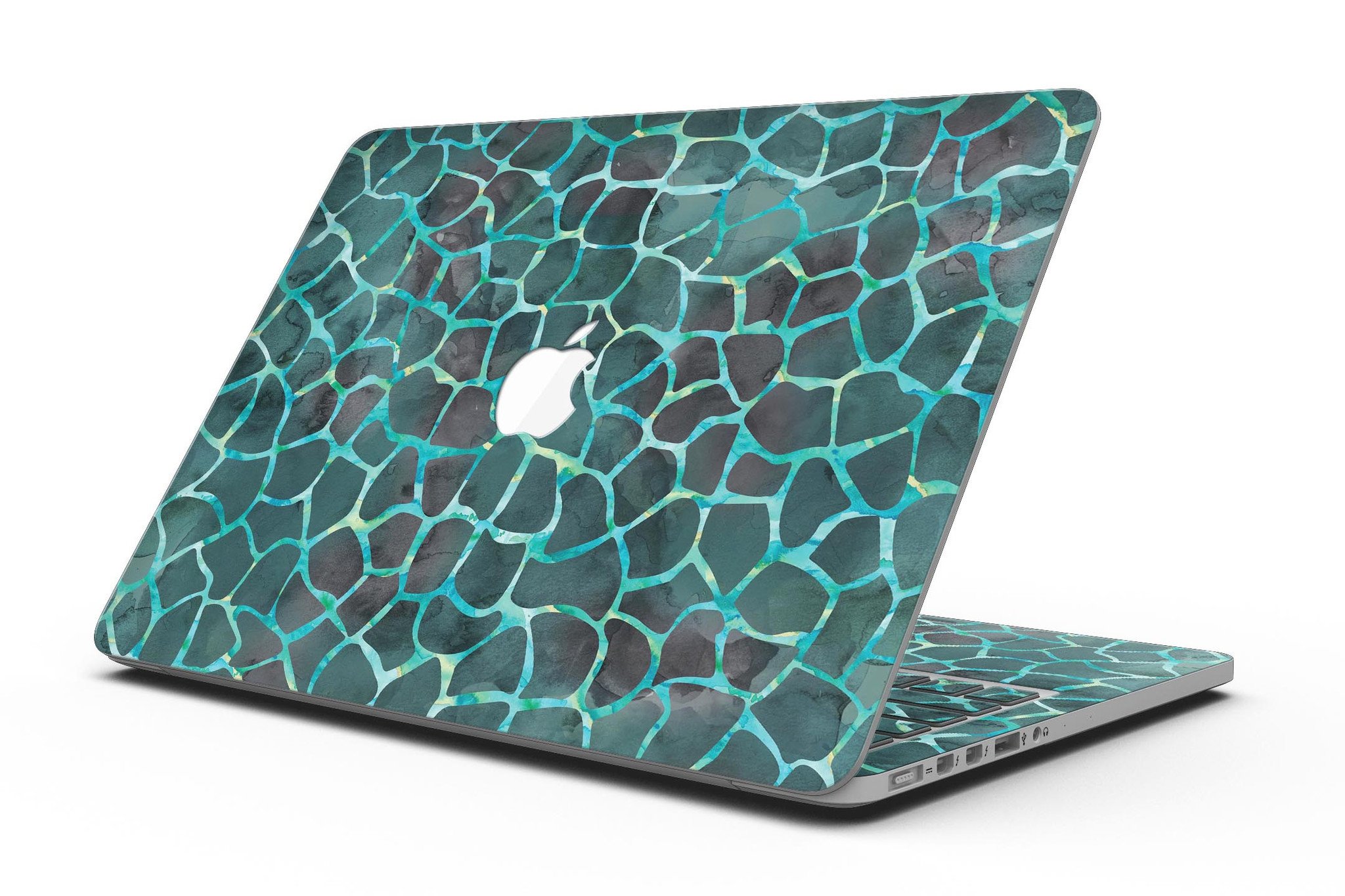 Blue-Green and Black Watercolor Giraffe Pattern skin for MacBook Pro, showcasing vibrant colors and unique design.