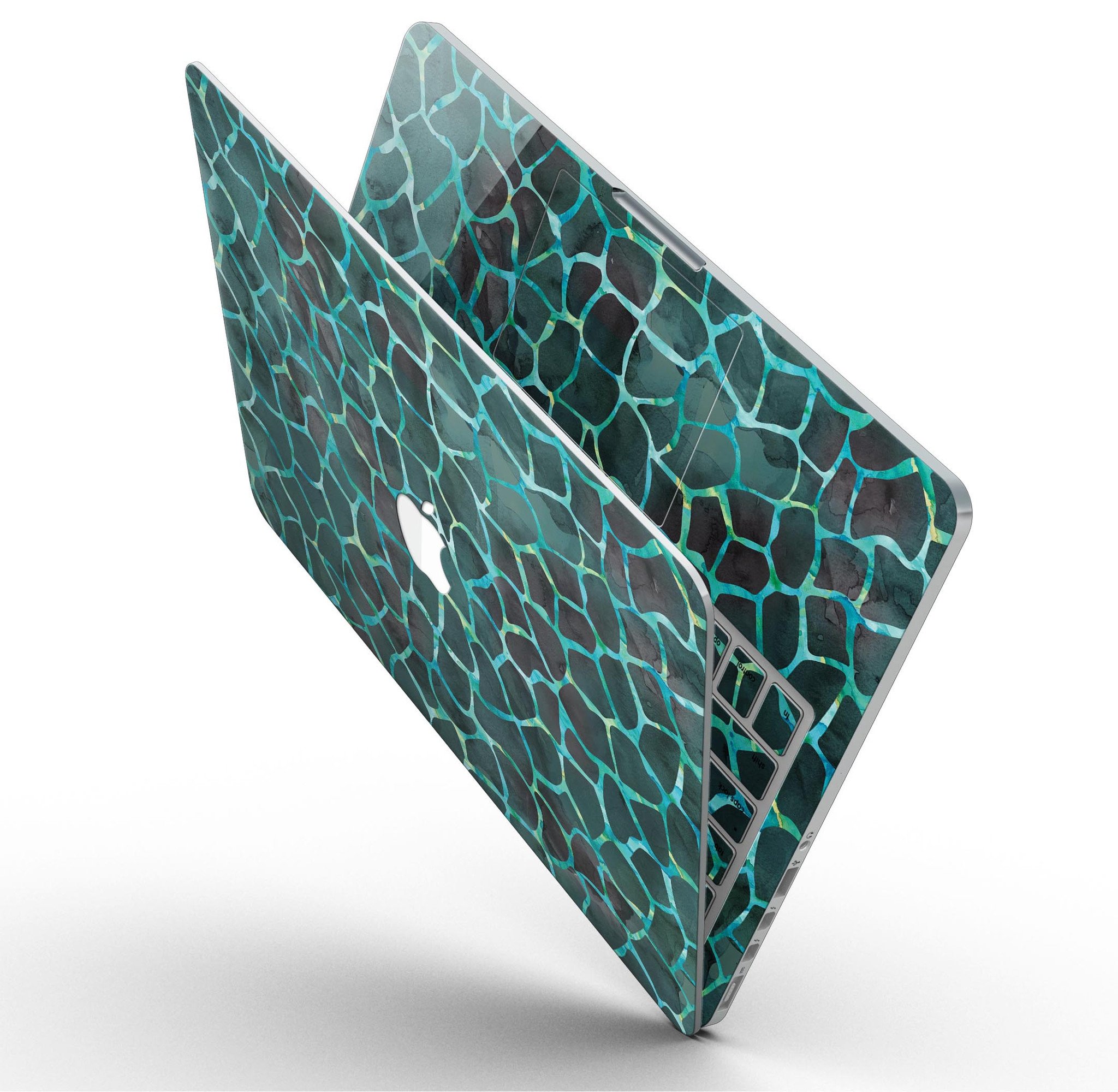 Blue-Green and Black Watercolor Giraffe Pattern skin for MacBook Pro, showcasing vibrant colors and unique design.