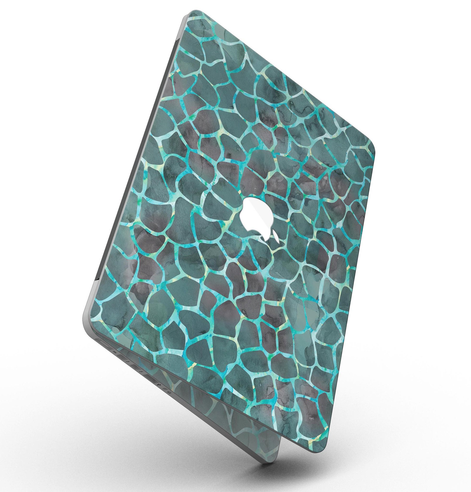 Blue-Green and Black Watercolor Giraffe Pattern skin for MacBook Pro, showcasing vibrant colors and unique design.