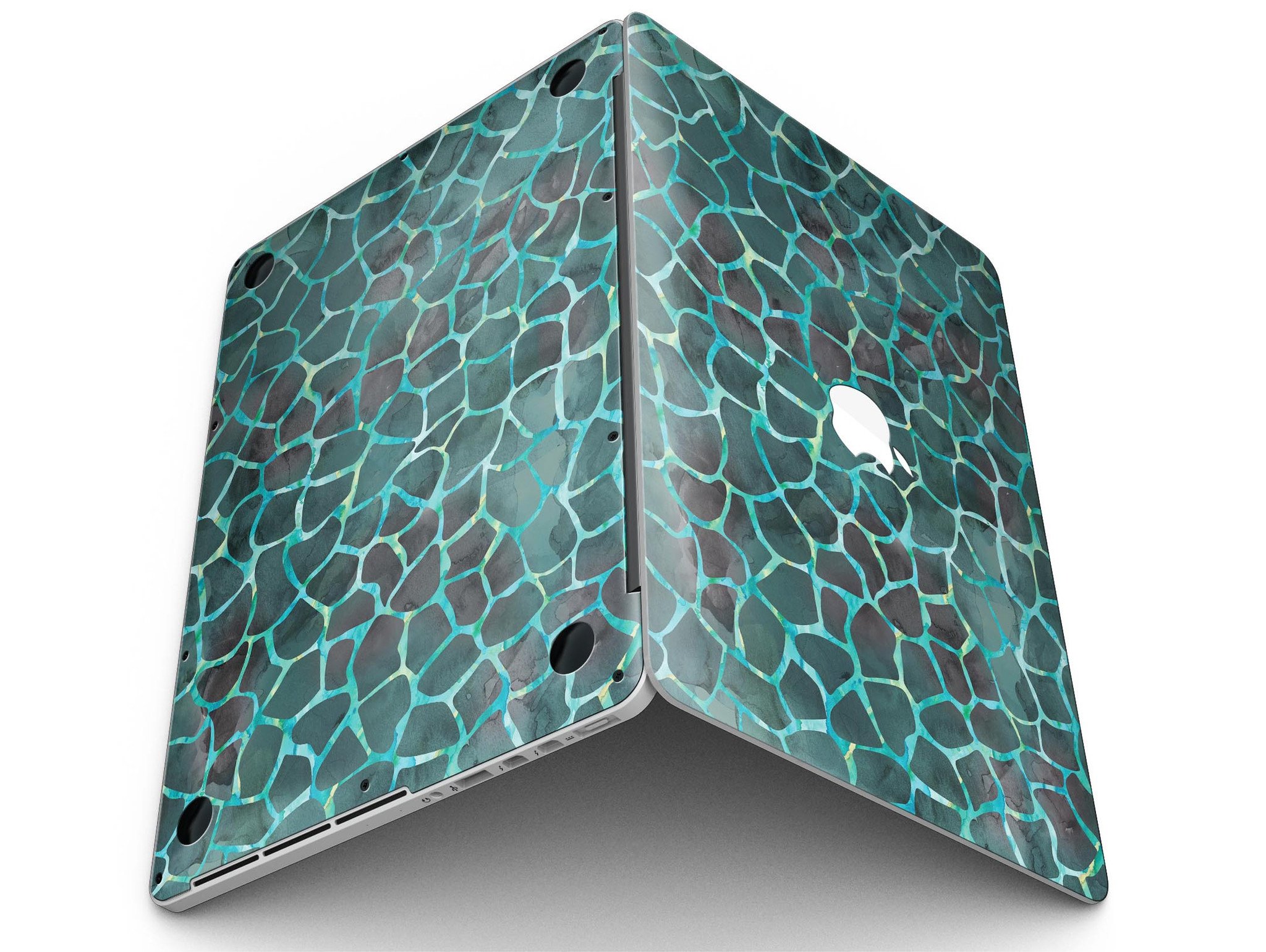 Blue-Green and Black Watercolor Giraffe Pattern skin for MacBook Pro, showcasing vibrant colors and unique design.