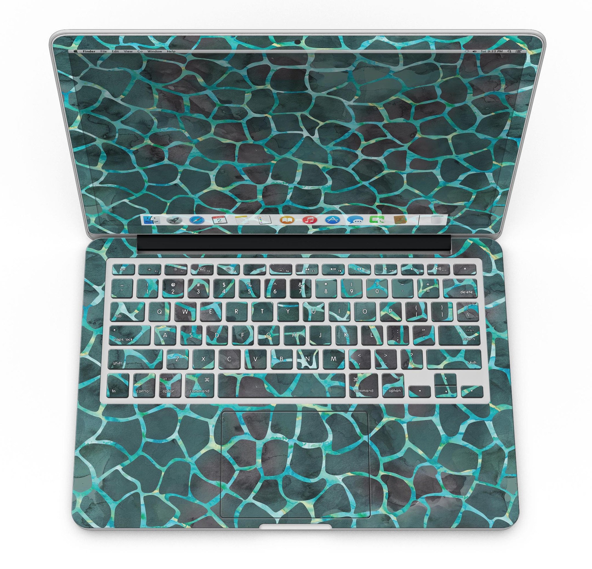 Blue-Green and Black Watercolor Giraffe Pattern skin for MacBook Pro, showcasing vibrant colors and unique design.