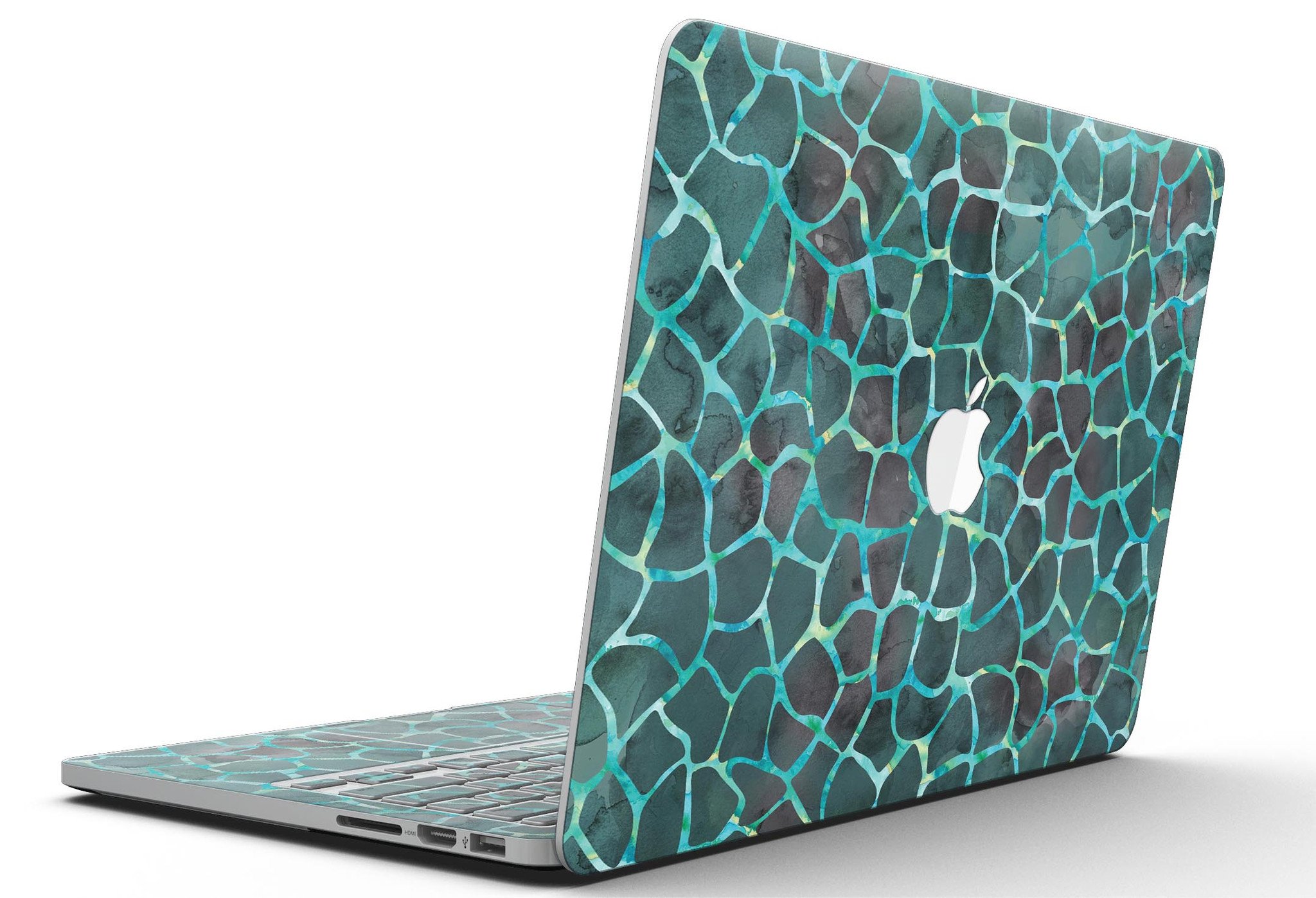 Blue-Green and Black Watercolor Giraffe Pattern skin for MacBook Pro, showcasing vibrant colors and unique design.